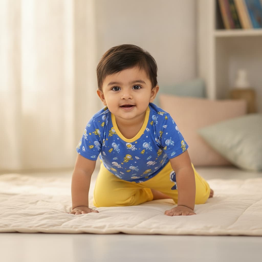 Bumzee Boys Blue Printed Cotton T-Shirt & Track Pants Set