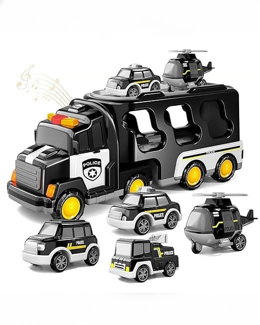 City Rescue Vehicle 5-in-1 Playset Friction Powered Transport Truck with Mini Emergency Vehicles, Lights, and Sound