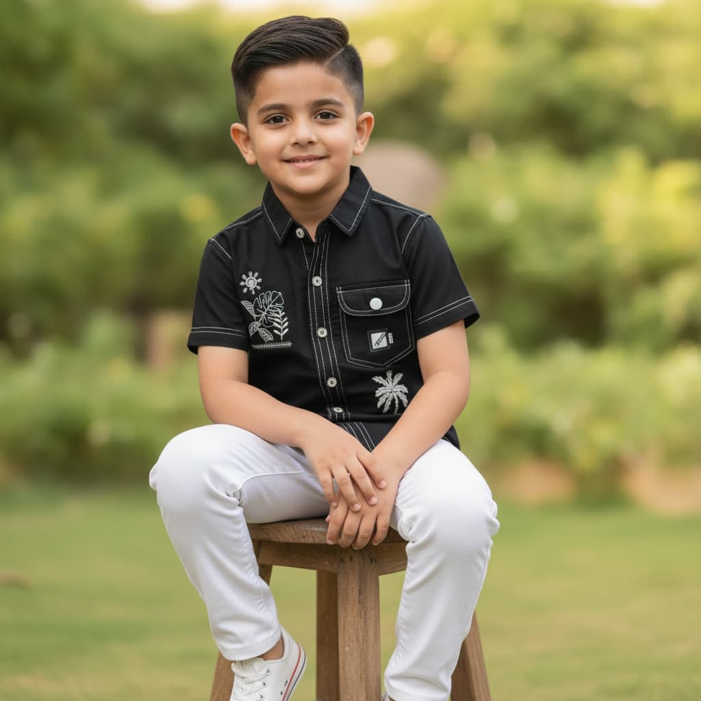 Novelle Chicos Black Cotton Embroidered Shirt for Boys - Short Sleeve Polo Neck Casual Wear