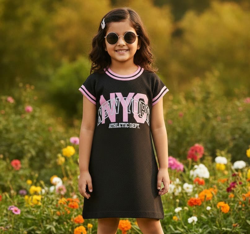 Happy Faces Girls Black Cotton One-Piece Dress | Short Sleeves | Round Neck | “NYC NEW YORK ATHLETIC DEPT.” Text | Slip-On
