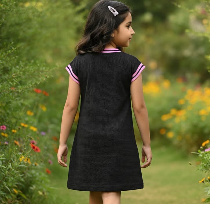 Happy Faces Girls Black Cotton One-Piece Dress | Short Sleeves | Round Neck | “NYC NEW YORK ATHLETIC DEPT.” Text | Slip-On