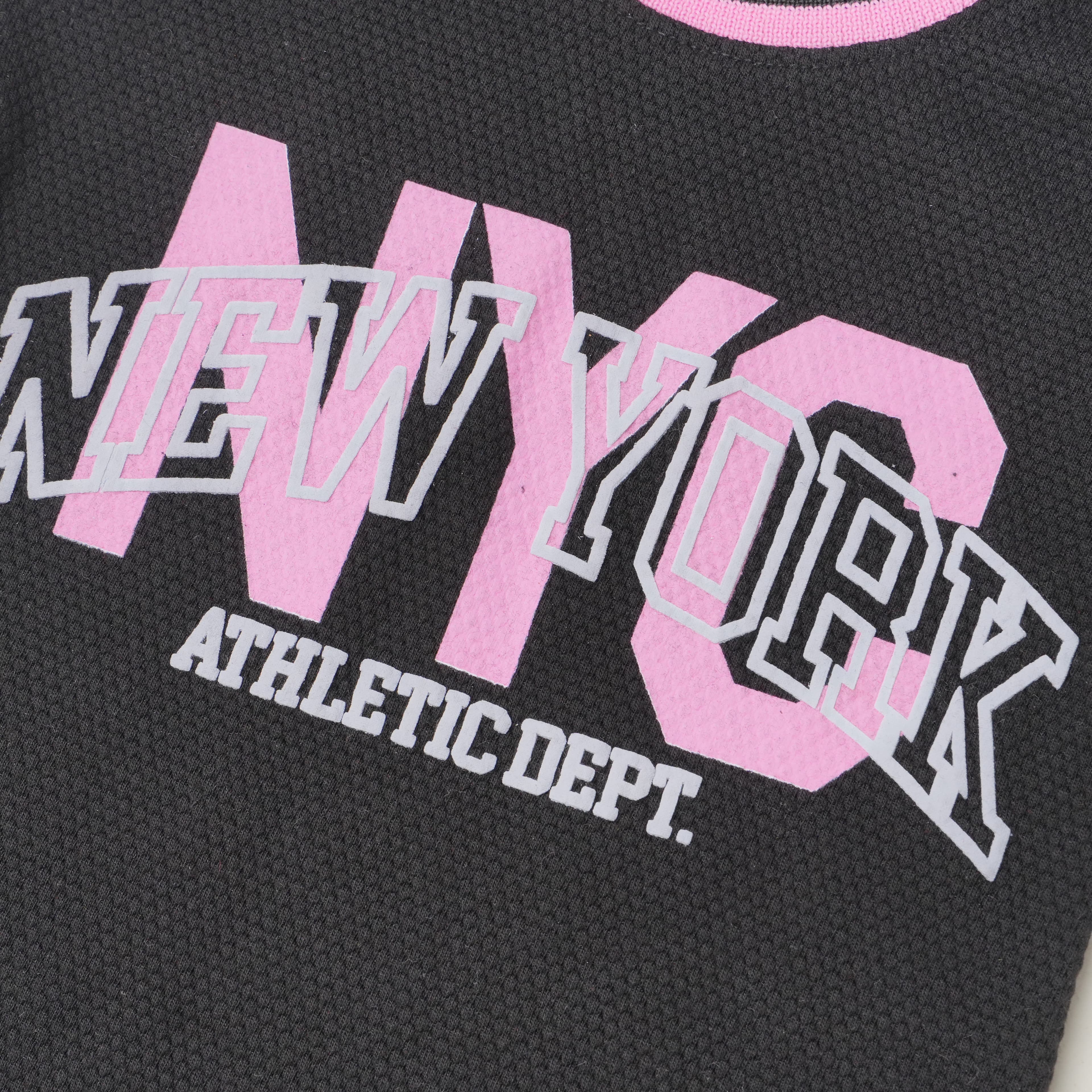 Happy Faces Girls Black Cotton One-Piece Dress | Short Sleeves | Round Neck | “NYC NEW YORK ATHLETIC DEPT.” Text | Slip-On
