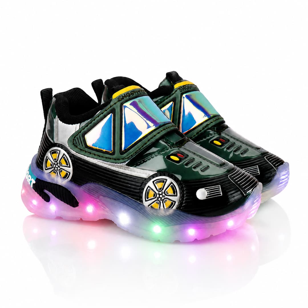 Bersache Boys Black Synthetic LED Casual Shoes with Placement Print & Velcro – Stylish Footwear for Daily & Party Wear
