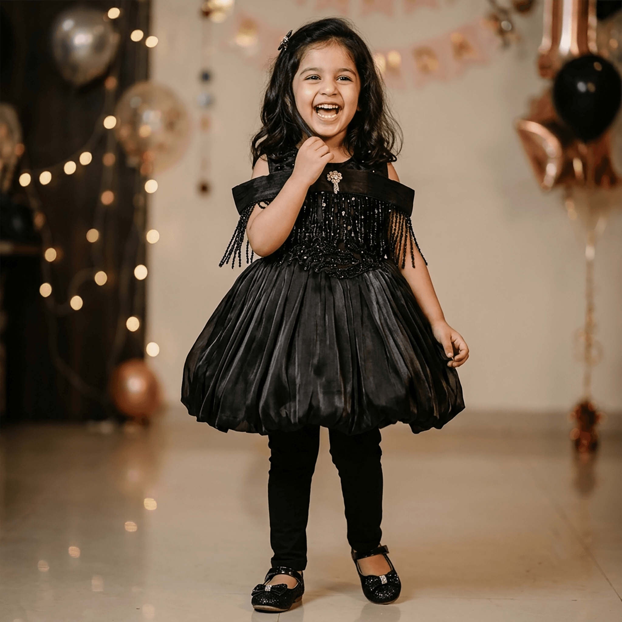 Novelle Heritage Black Off Shoulder Sleeveless Party Dress for Girls