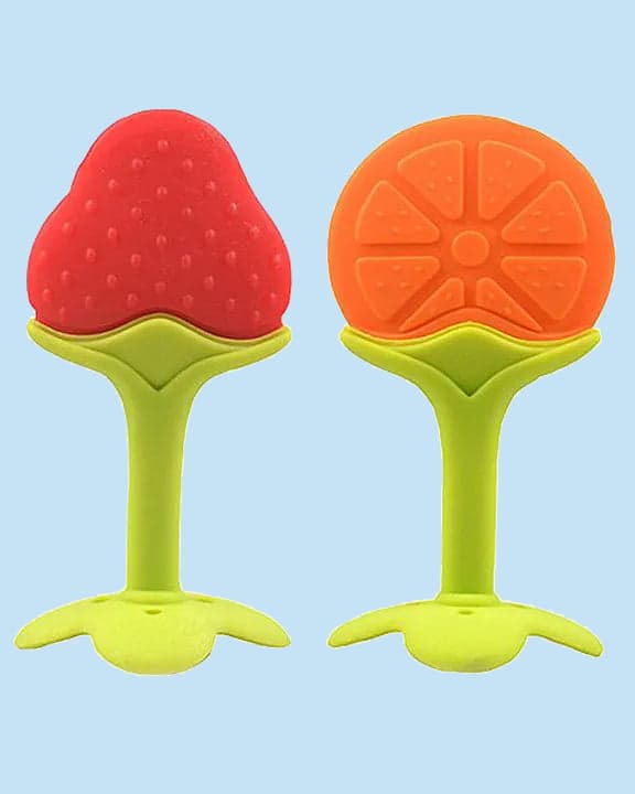 Baby Silicone Teether, Fruit Teether for Kids, Food Grade Silicone Teether Strawberry & Orange (Orange & Red) Pack of 2
