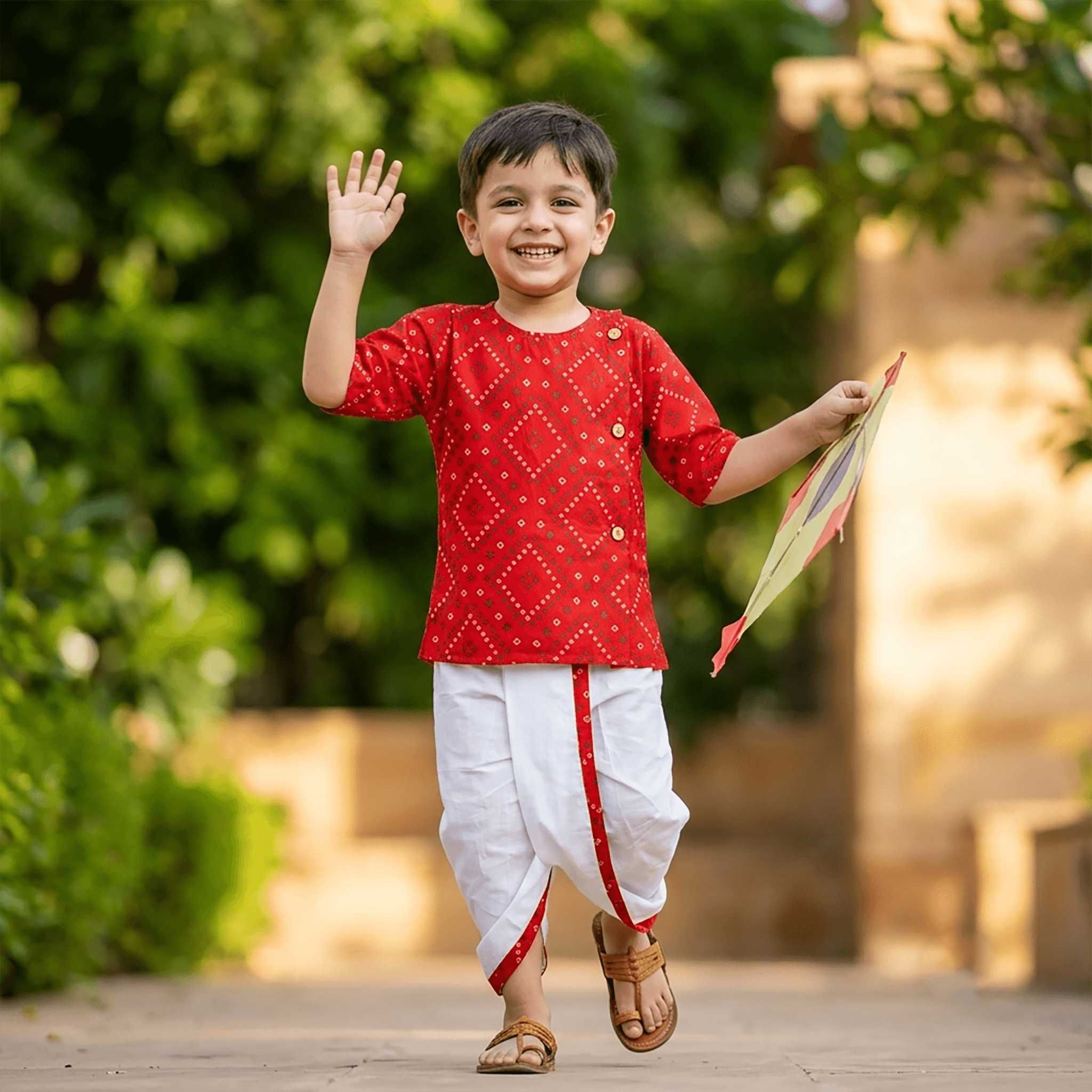 Cuddly Cubs Boys Red Cotton Dhoti Kurta Set | 3/4 Sleeves Round Neck | Front Button Closure | Full Length Dhoti | Mid Rise | Regular Fit | Ethnic wear