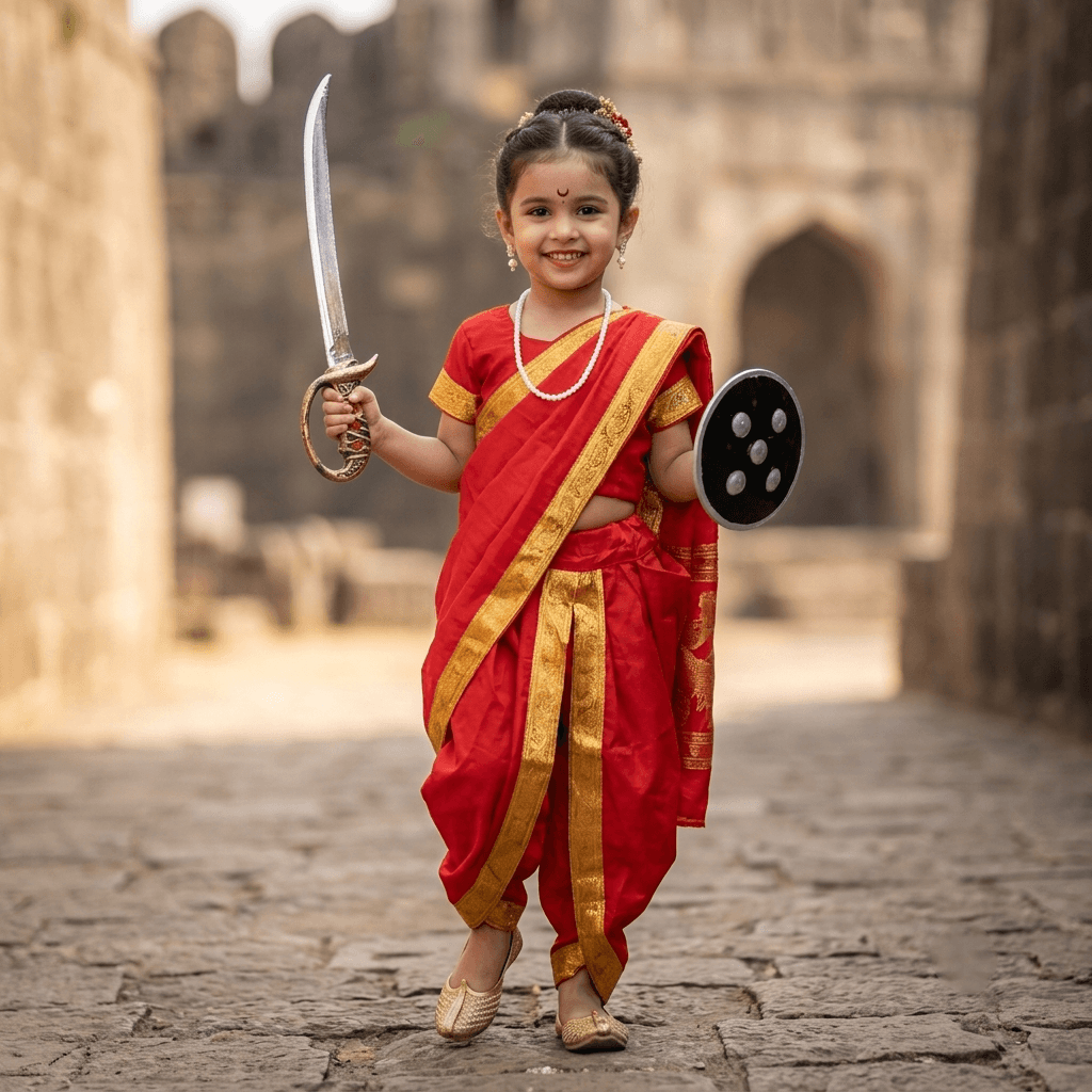 Rani Laxmibai Costume (Girls, Red Cotton Dhoti) – Partywear, All Season – KAKU FANCY DRESSES