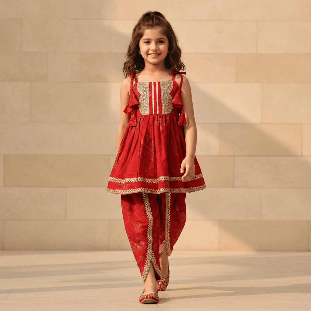 Chirpytroops Girls Red Cotton Kurta Dhoti Set Full Length for Summer Formal/Partywear