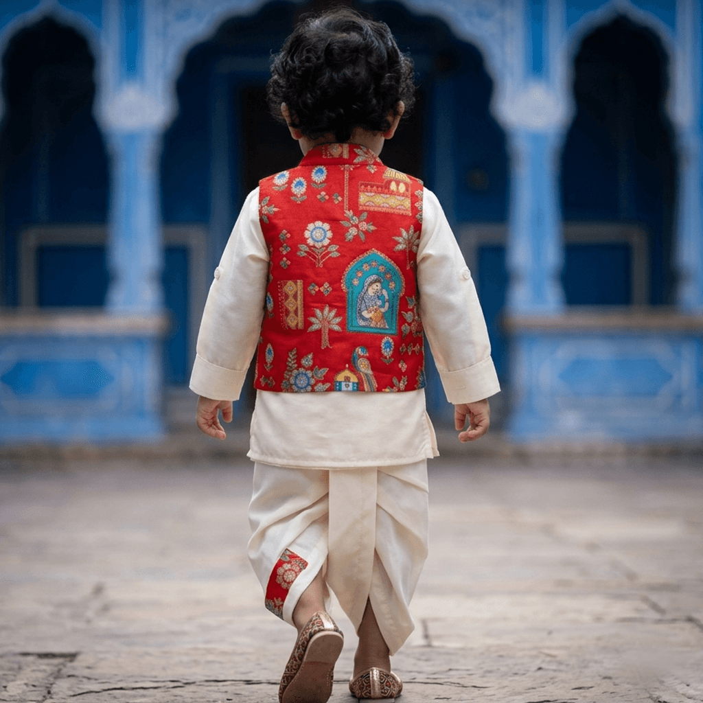 Aagam Boys Red Cotton Kurta Dhoti & Jacket Set – Full Sleeve Mandarin Collar Partywear