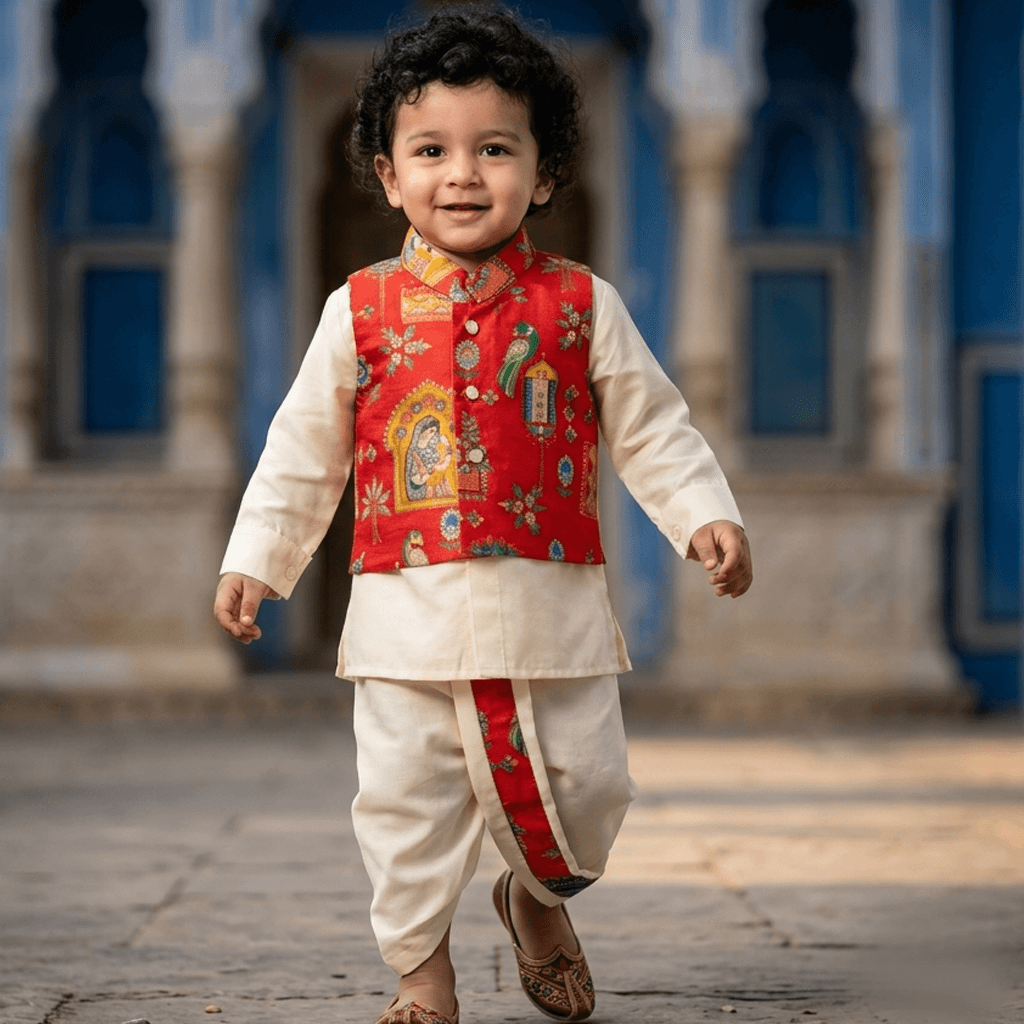 Aagam Boys Red Cotton Kurta Dhoti & Jacket Set – Full Sleeve Mandarin Collar Partywear