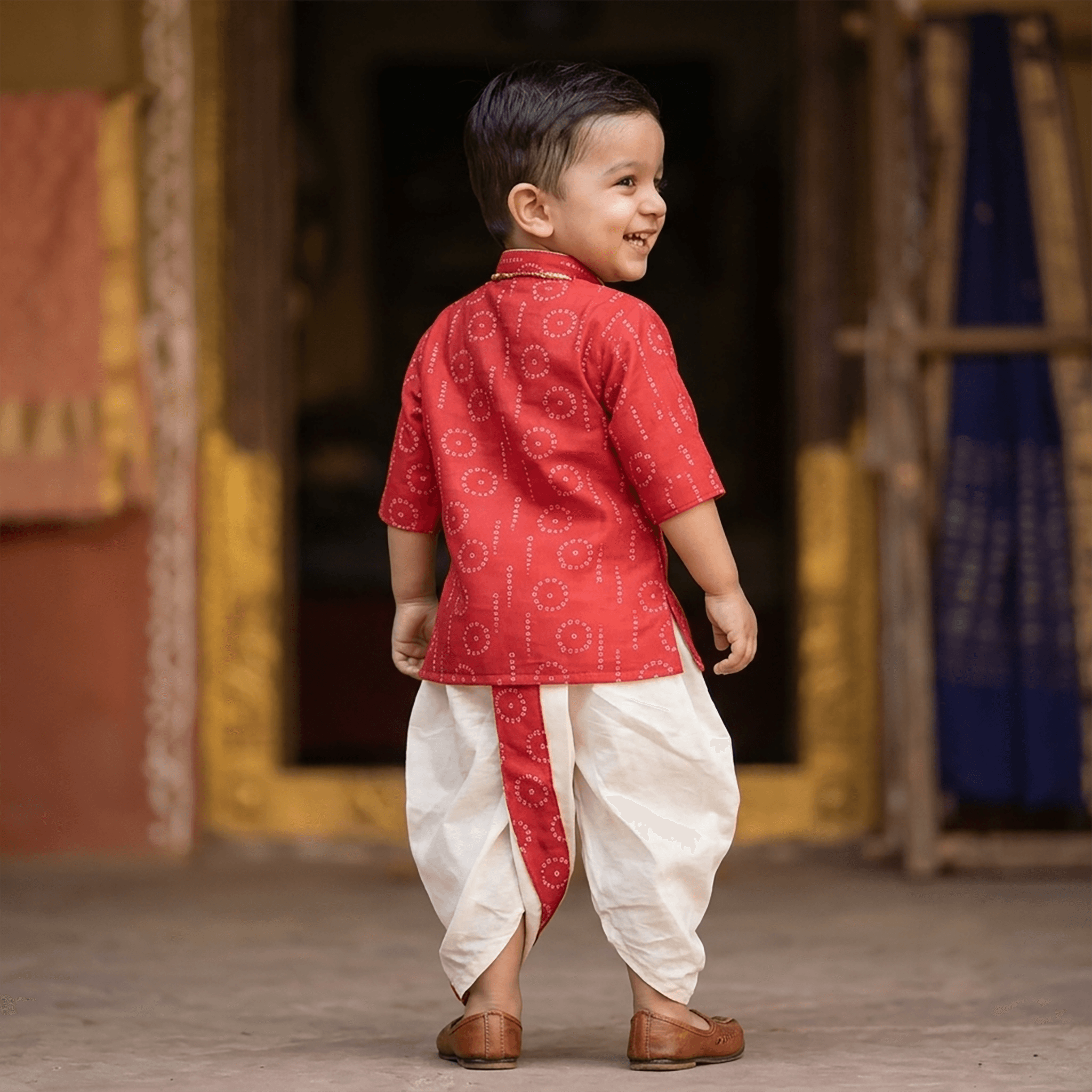 Jaideep Fashions Red Cotton Blend Dhoti Kurta Set for Boys - Full Sleeve Mandarin Collar, Formal/Partywear, All Season