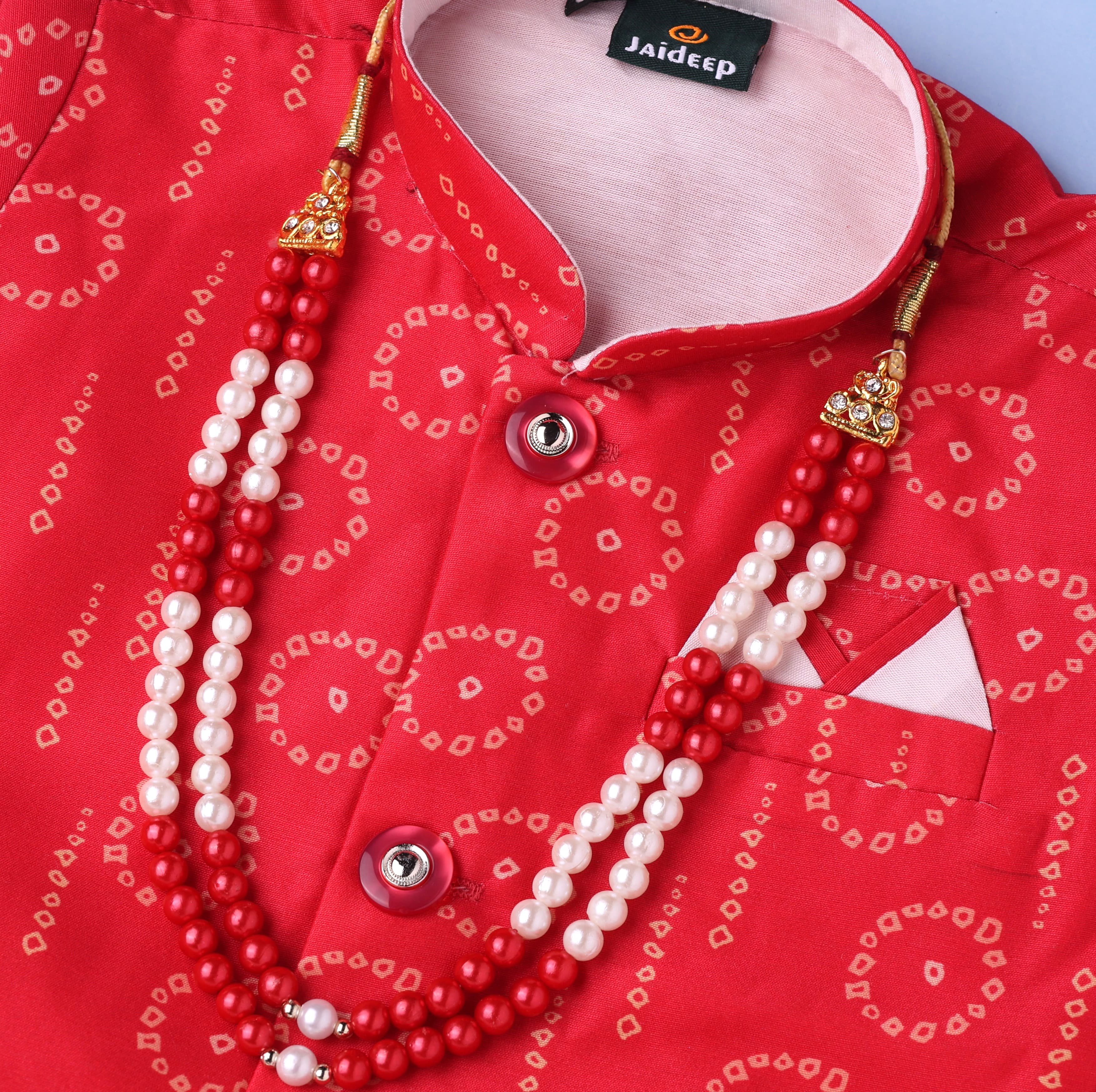 Jaideep Fashions Red Cotton Blend Dhoti Kurta Set for Boys - Full Sleeve Mandarin Collar, Formal/Partywear, All Season