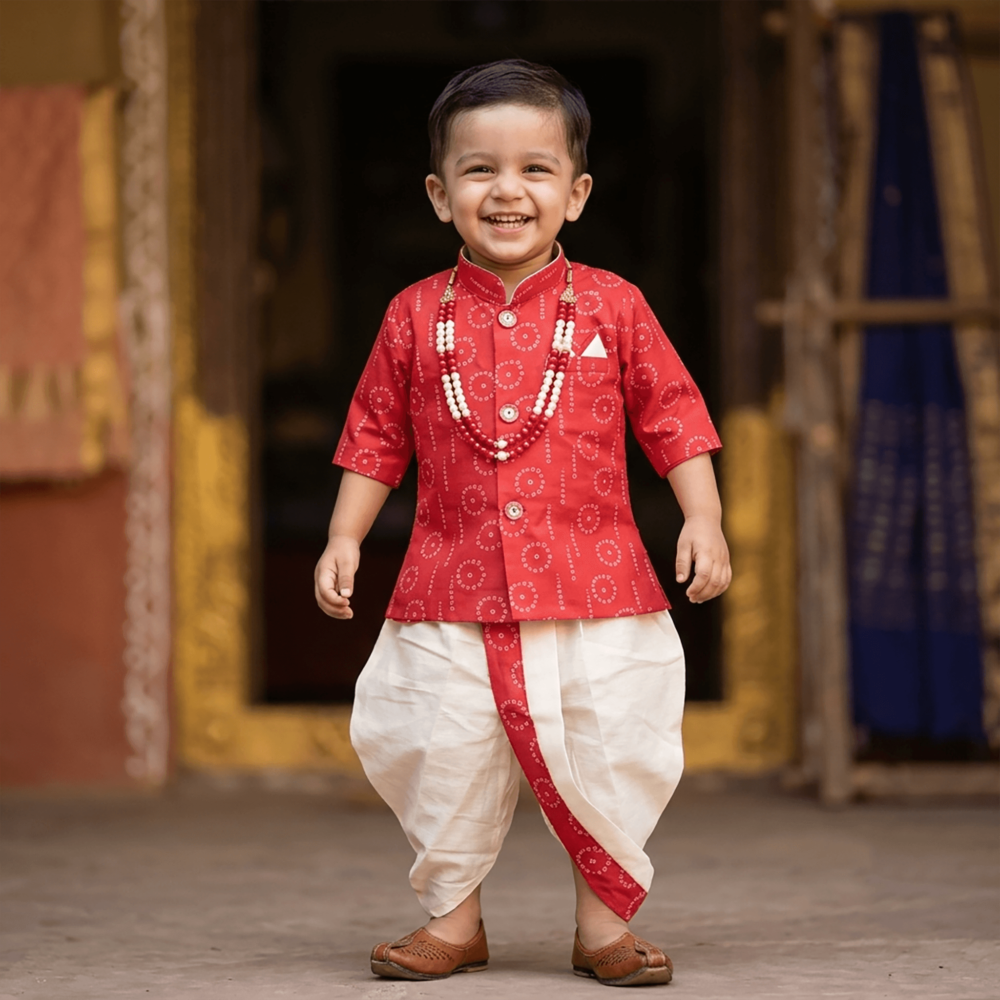 Jaideep Fashions Red Cotton Blend Dhoti Kurta Set for Boys - Full Sleeve Mandarin Collar, Formal/Partywear, All Season