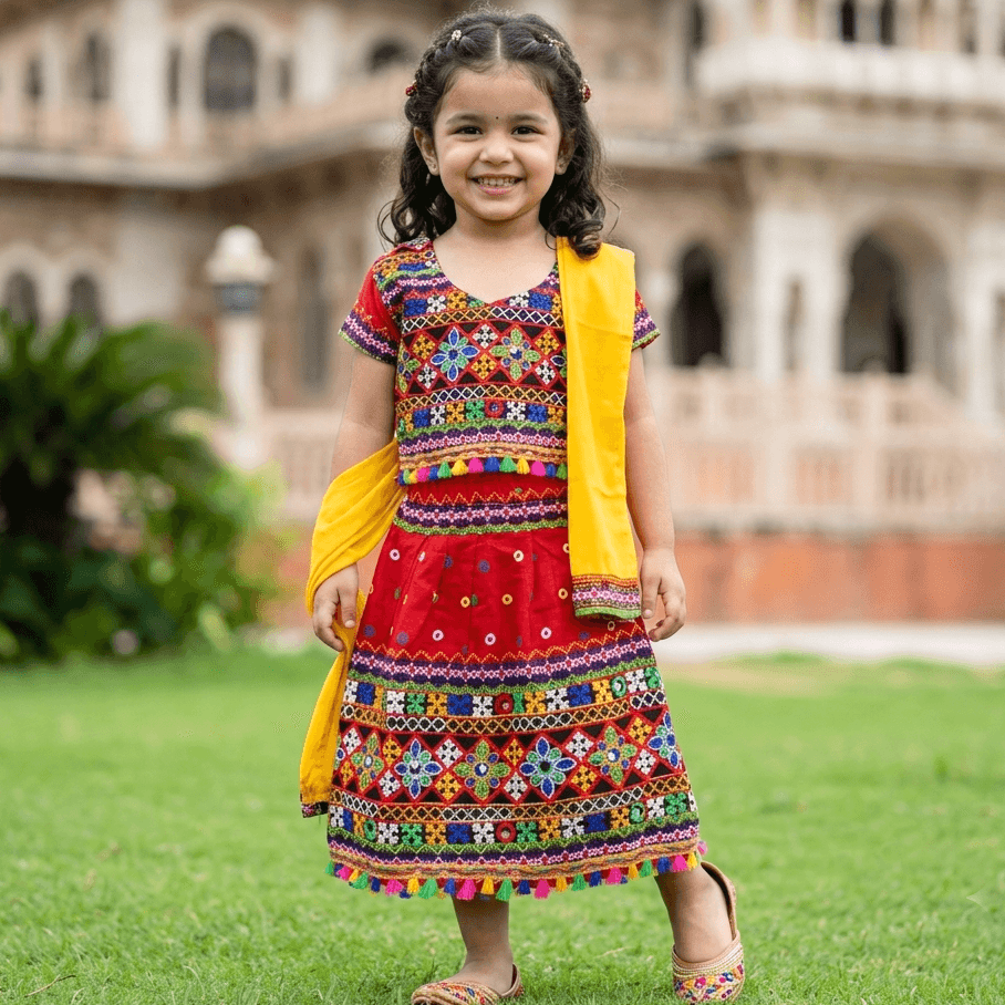 M'Andy Red Lehenga Choli for Girls - Cotton Blend, Short Sleeve, V Neck, Formal/Partywear, All Season
