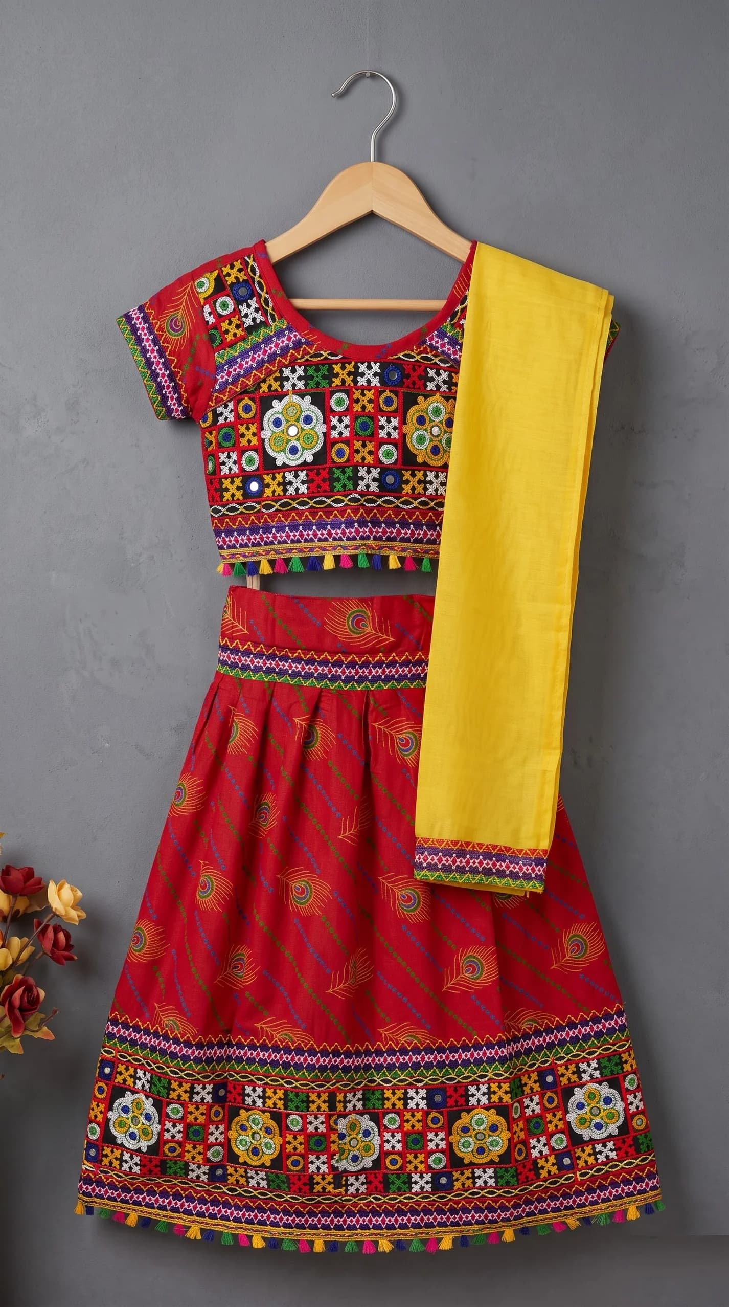 Ahhaaaa Red Lehenga Choli for Girls - Ethnic Wear for Formal/Partywear, All Season, Cotton-Blend Fabric