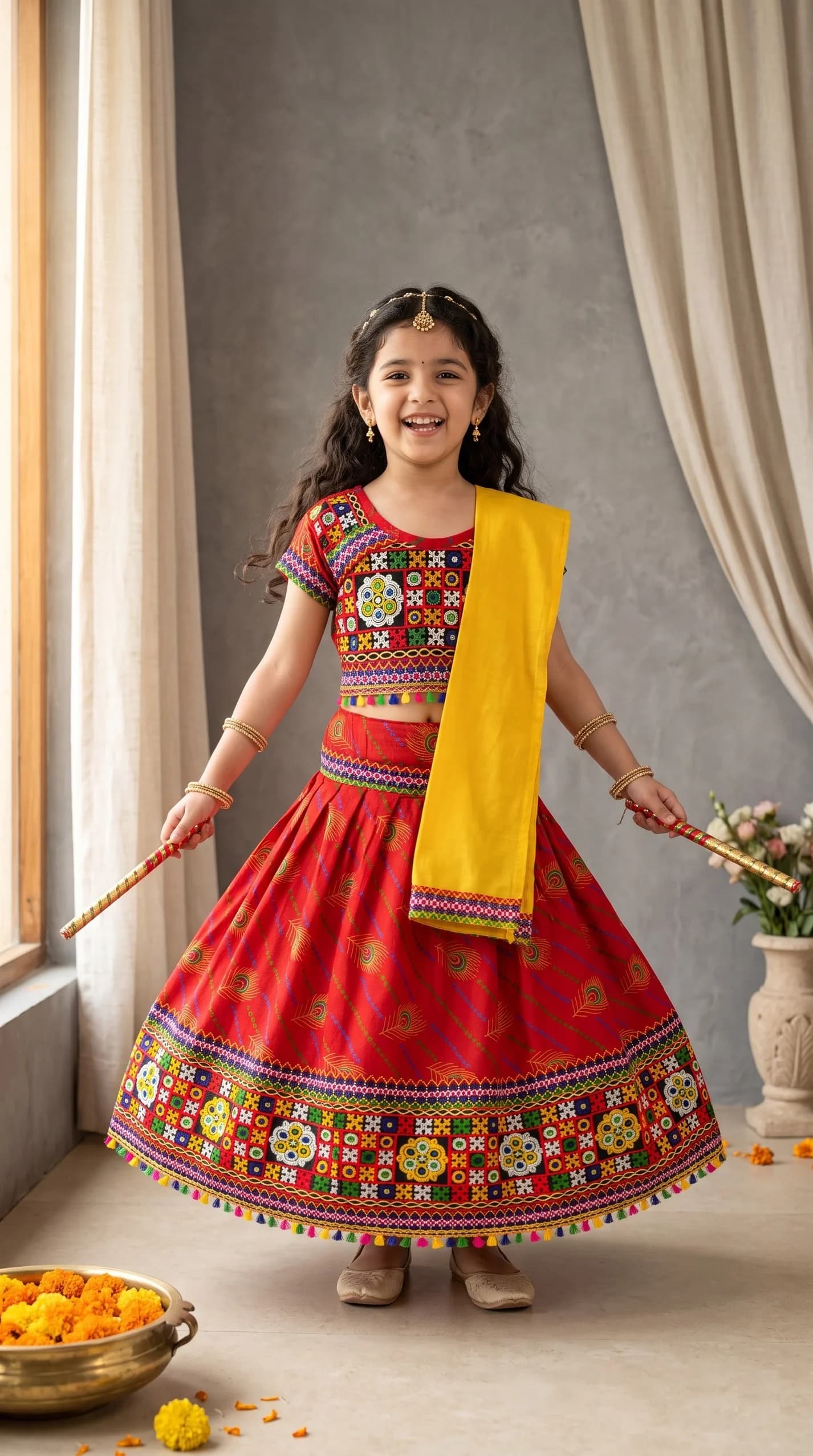 Ahhaaaa Red Lehenga Choli for Girls - Ethnic Wear for Formal/Partywear, All Season, Cotton-Blend Fabric