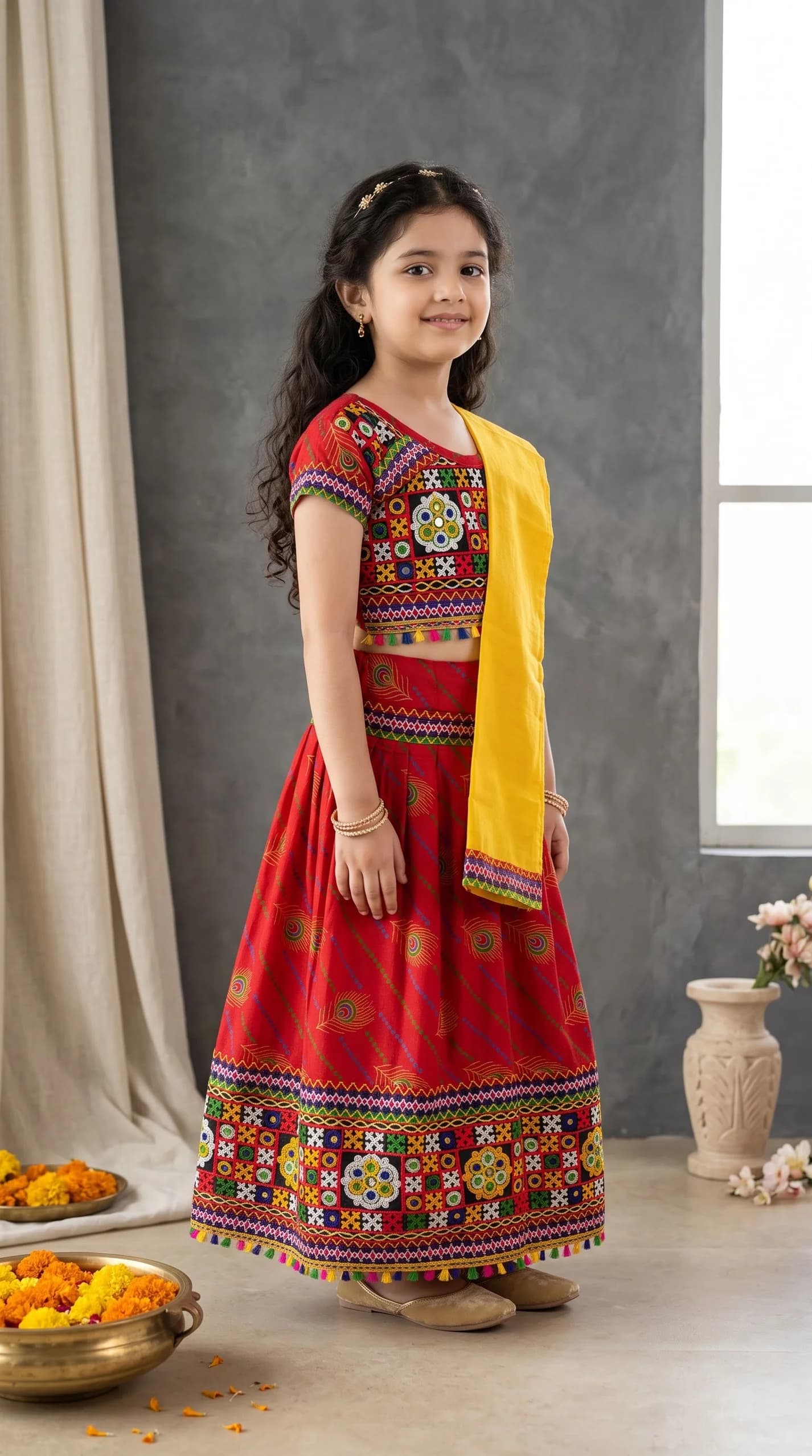 Ahhaaaa Red Lehenga Choli for Girls - Ethnic Wear for Formal/Partywear, All Season, Cotton-Blend Fabric
