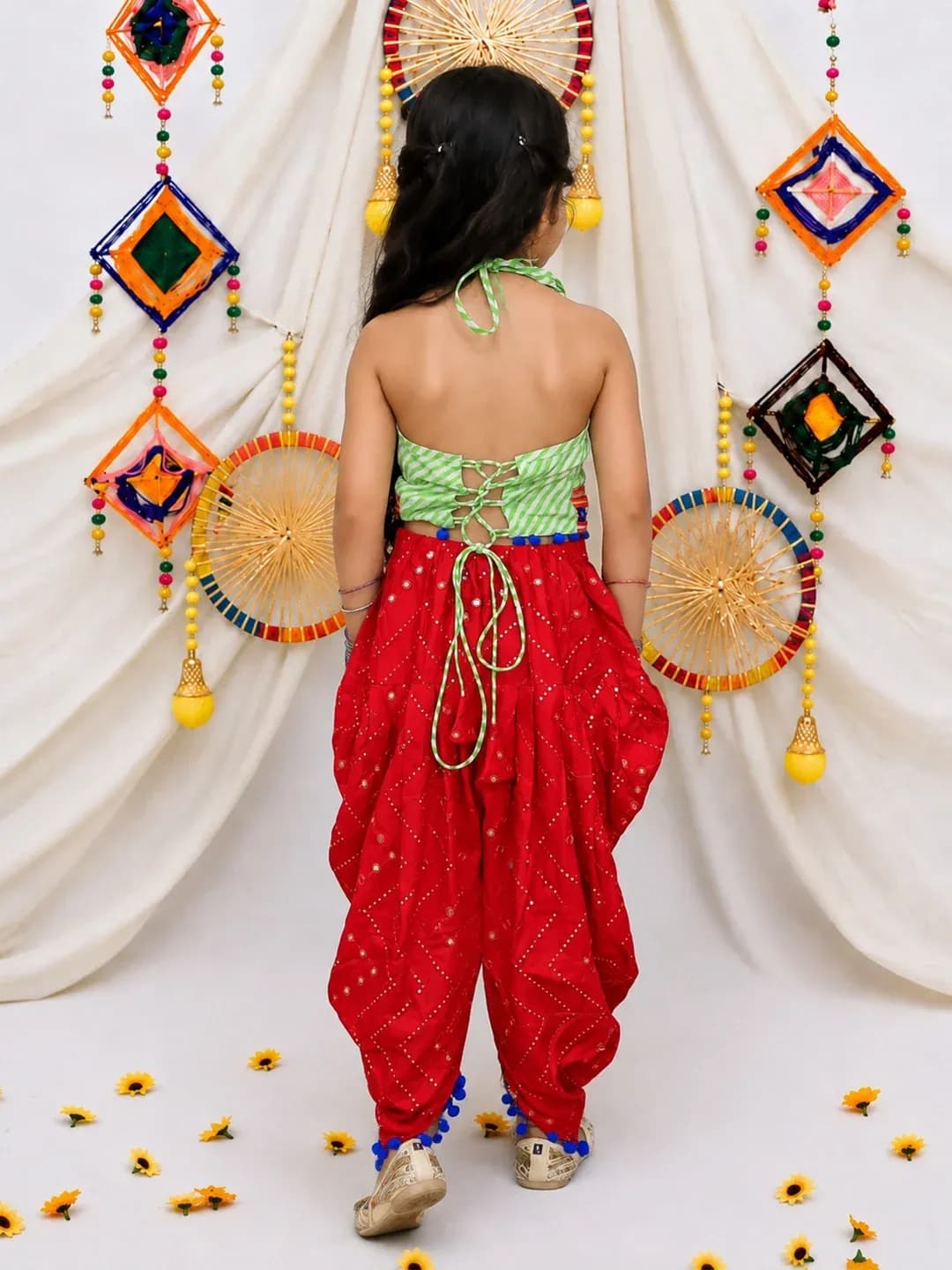 BownBee Girls Red Cotton Indo Western Set with Halter Neck and Dhoti for Formal/Partywear