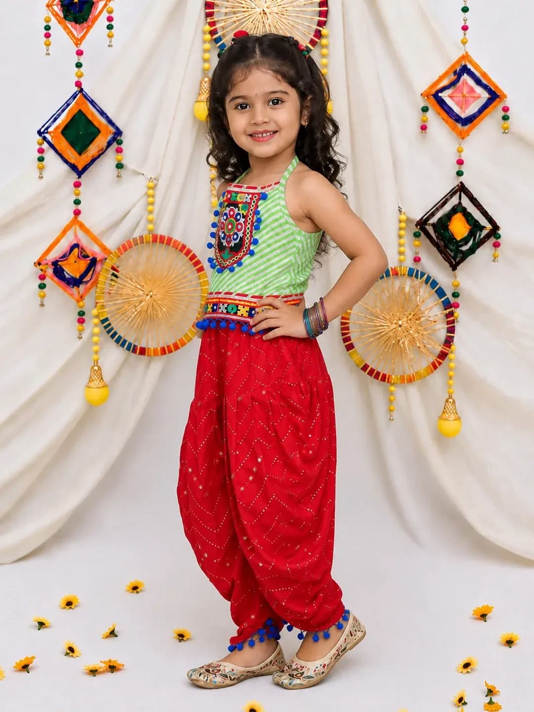 BownBee Girls Red Cotton Indo Western Set with Halter Neck and Dhoti for Formal/Partywear