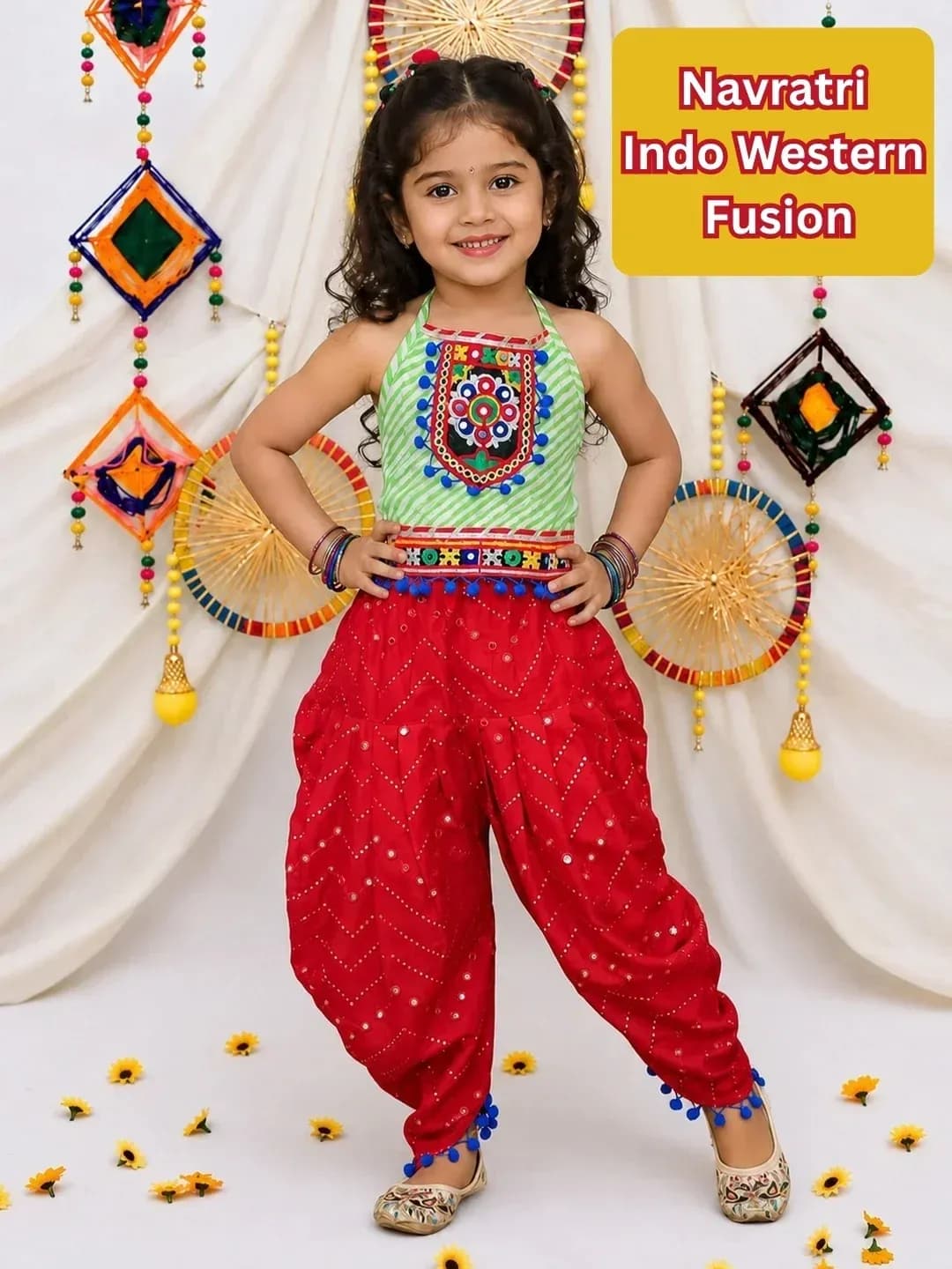 BownBee Girls Red Cotton Indo Western Set with Halter Neck and Dhoti for Formal/Partywear