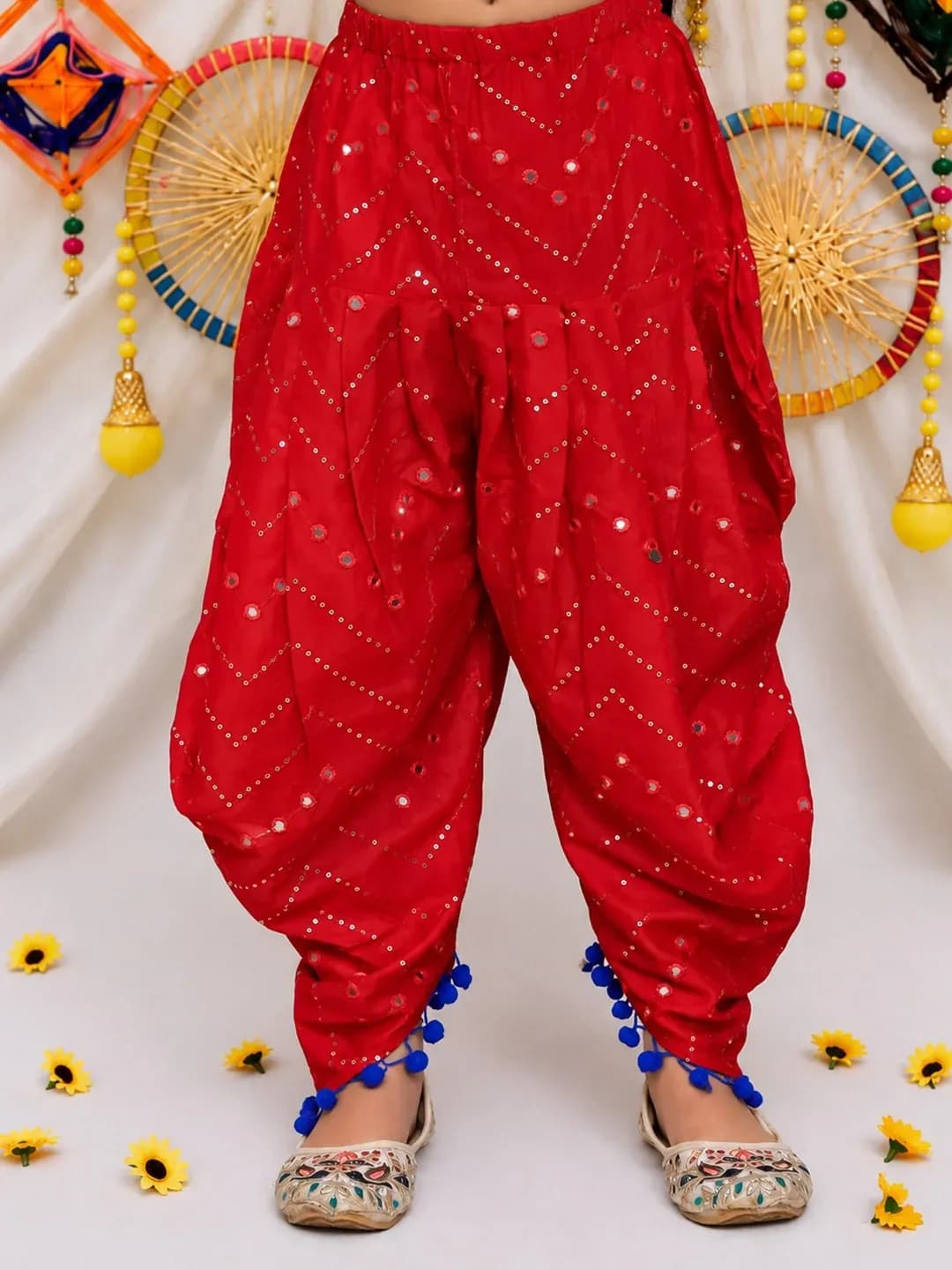 BownBee Girls Red Cotton Indo Western Set with Halter Neck and Dhoti for Formal/Partywear