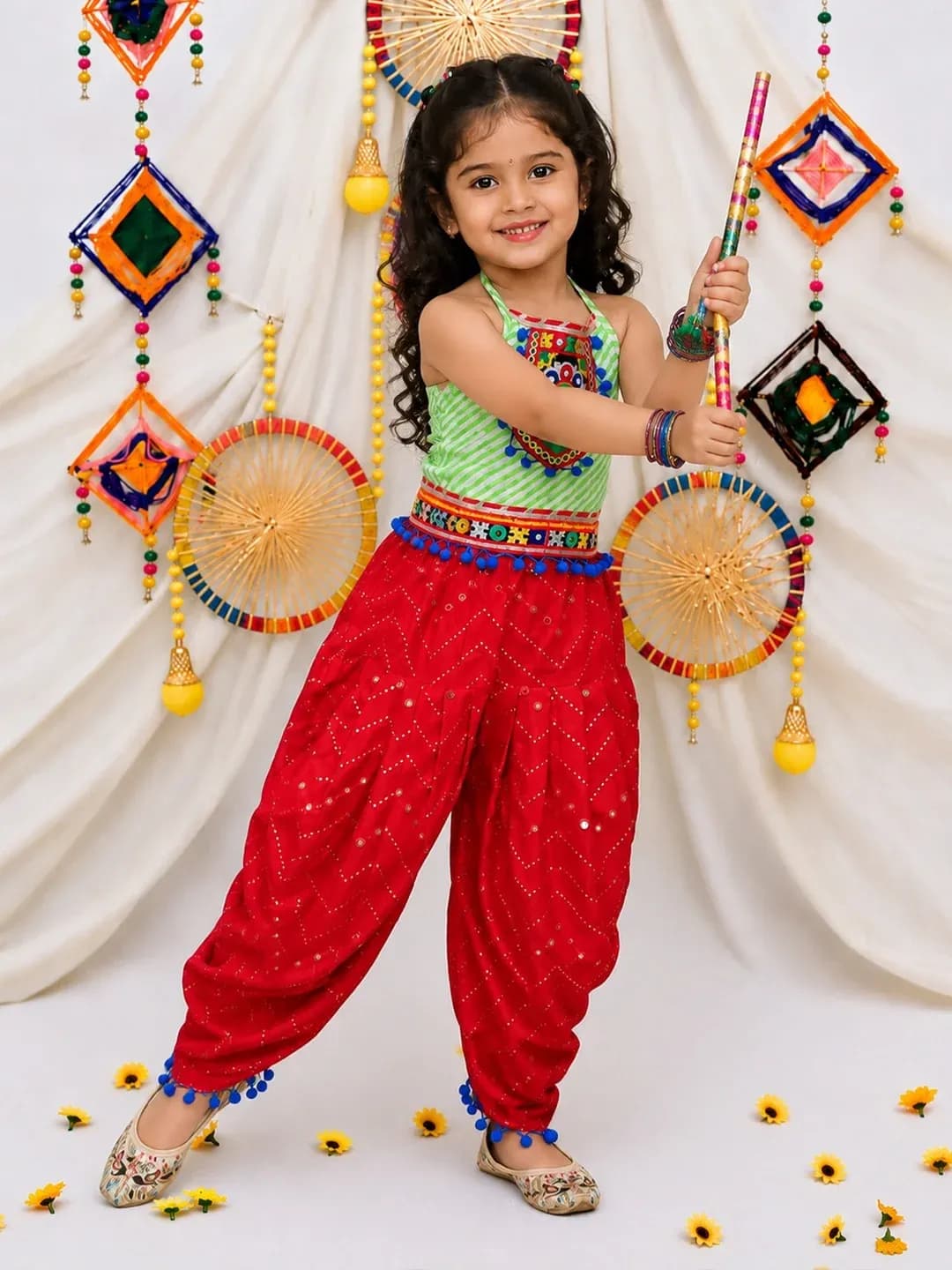 BownBee Girls Red Cotton Indo Western Set with Halter Neck and Dhoti for Formal/Partywear