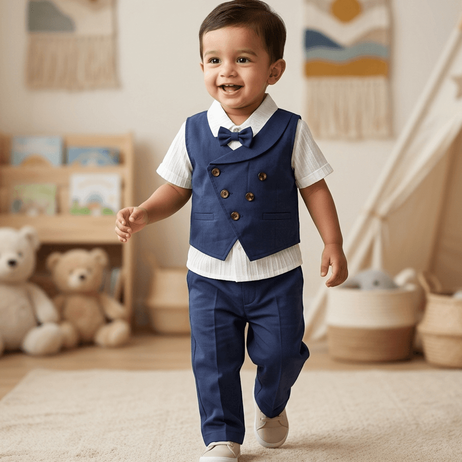 Hopscotch Navy Blue Cotton Party Suit for Boys with Short Sleeve Polo Neck and Full Length Trousers