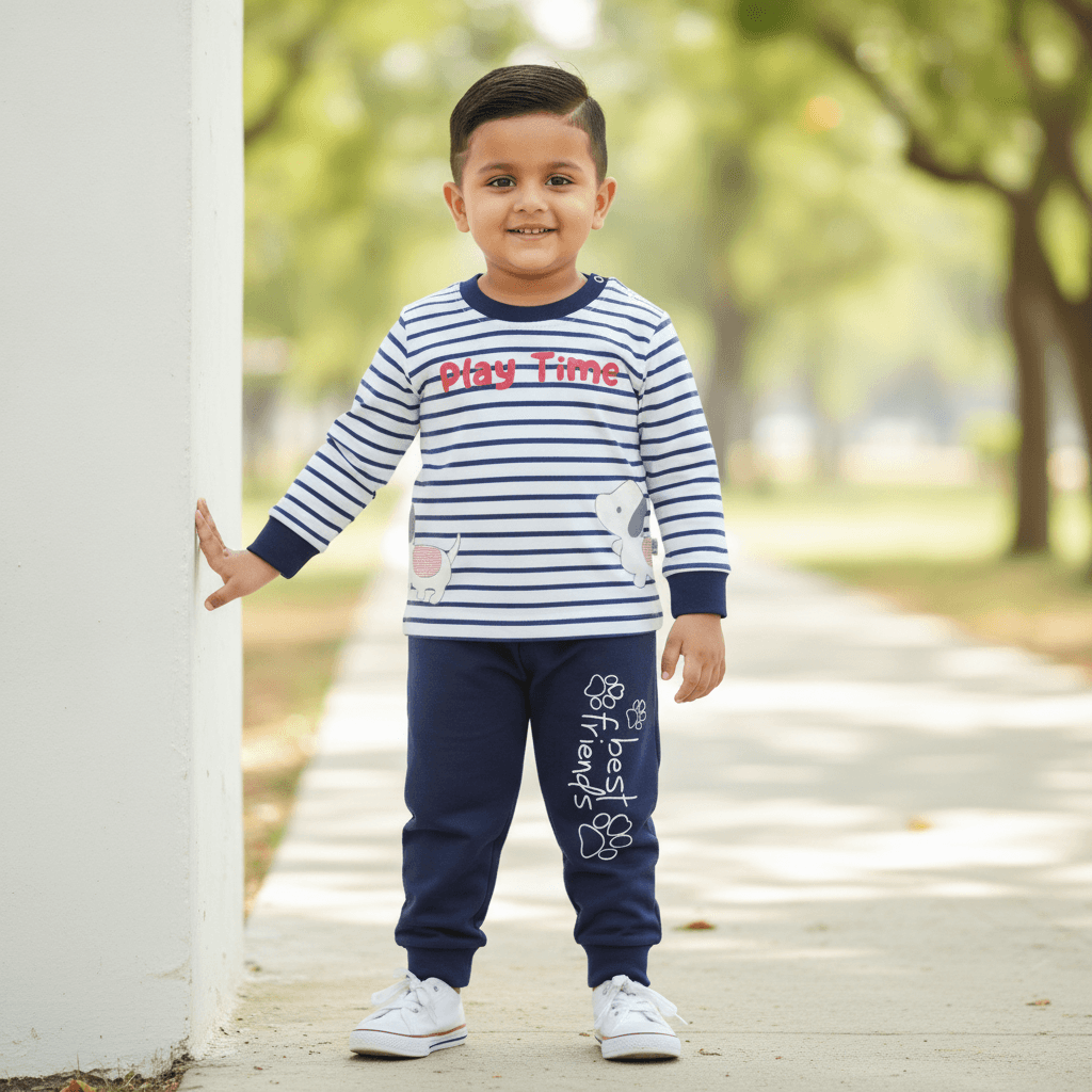 Tinyo Boys Navy Blue Cotton T-Shirt & Joggers Set | Full Sleeves Round Neck | Full Length Joggers | Regular Fit | Casual & Daily Wear