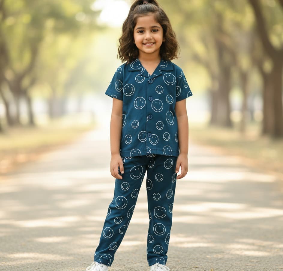 Hazelnuts Girls Teal Blue Cotton Short Sleeve Camp Collar Pyjama Set for All Season Casual Wear