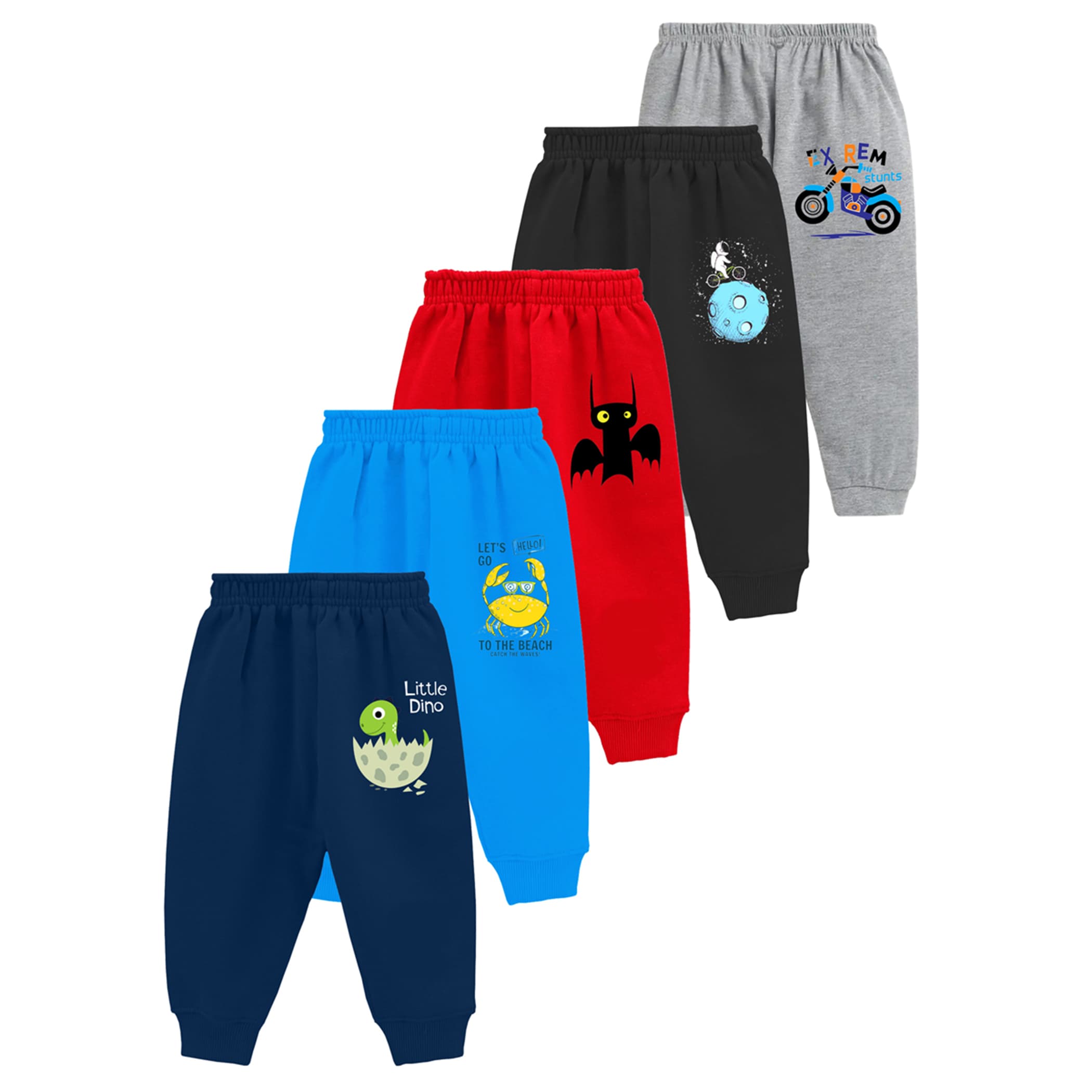 Kuchipoo Boys Cotton Joggers, Regular Fit, Full Length, Mid Rise, Slip-On - Pack of 5 - Navy Blue, Blue, Red, Black & Grey