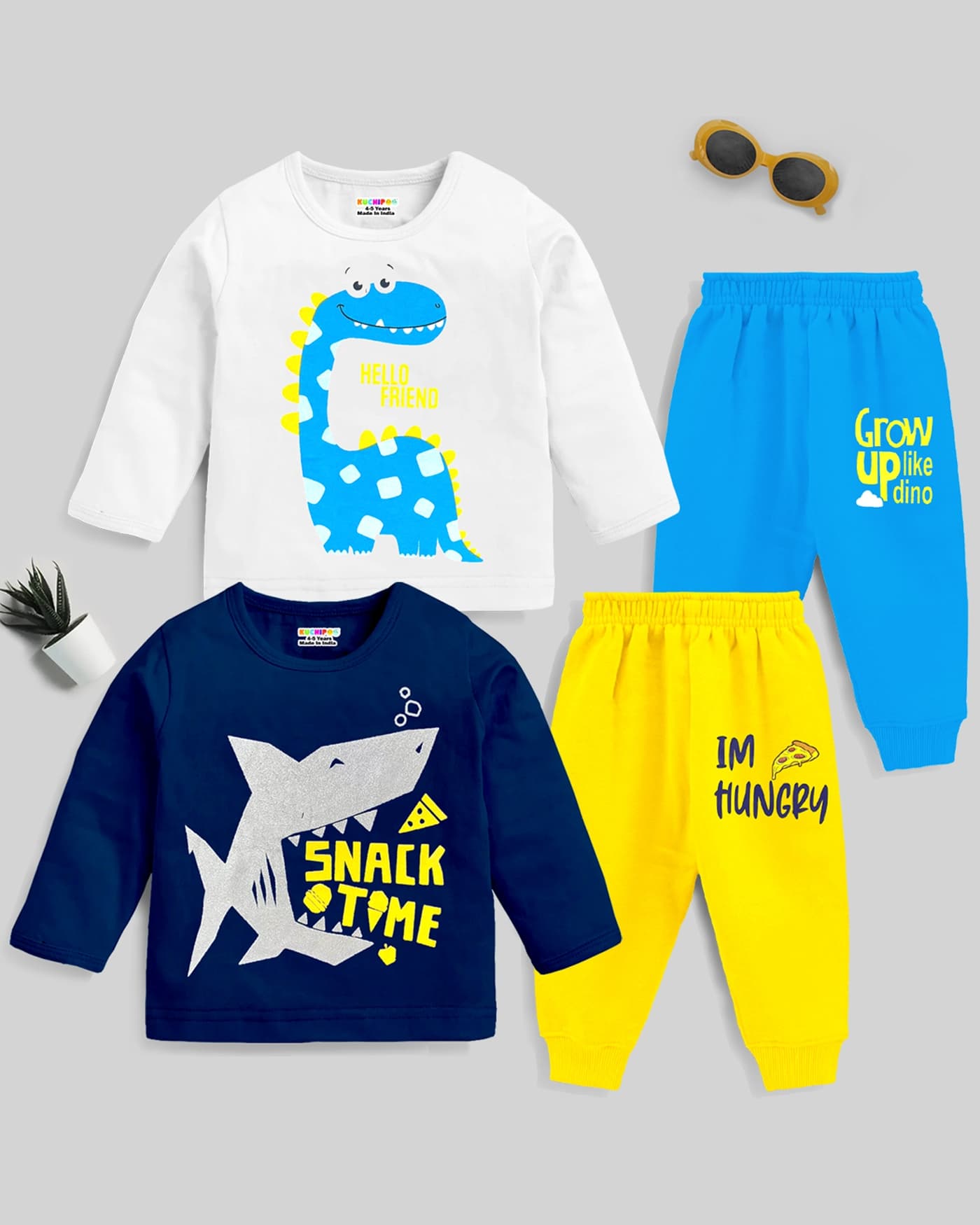 Kuchipoo Boys Casual Navy Blue T-shirt & Joggers Set with Dino Print and Snack Time Text