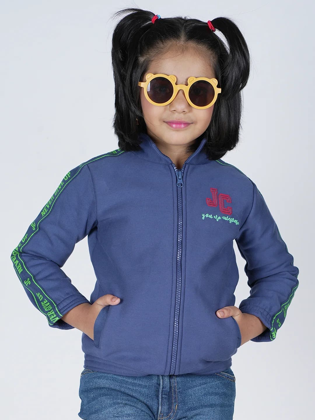 Jus Cubs Navy Blue Full Sleeve High Neck Sweat Jacket for Girls with Front Zipper and Motivational Text