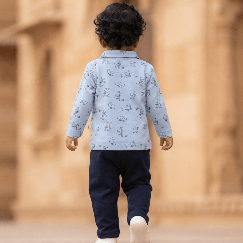 Moonkids Boys Navy Blue Cotton Party Suit Set | Full Sleeves Polo Collar | Front Button Closure | Full Length Cotton Trousers | Slip-On | Mid Rise | Regular Fit | Formal & Partywear