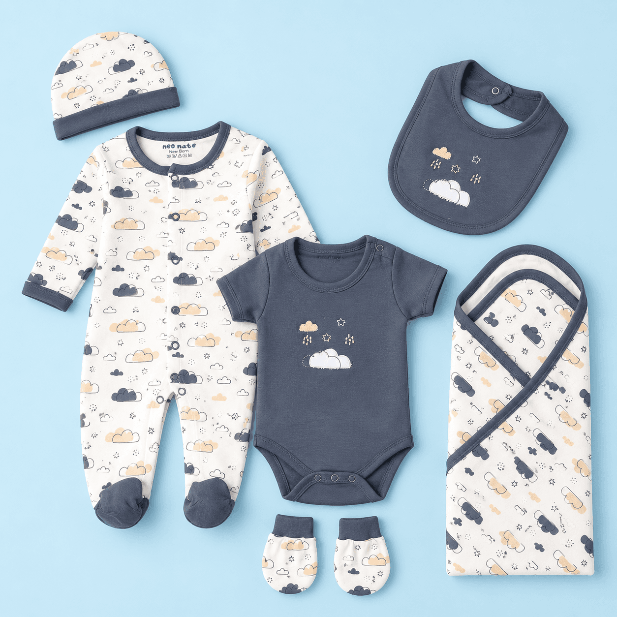 Neo Nate Unisex Teal Blue Cotton Footed Romper Gift Set – Full Sleeve Round Neck