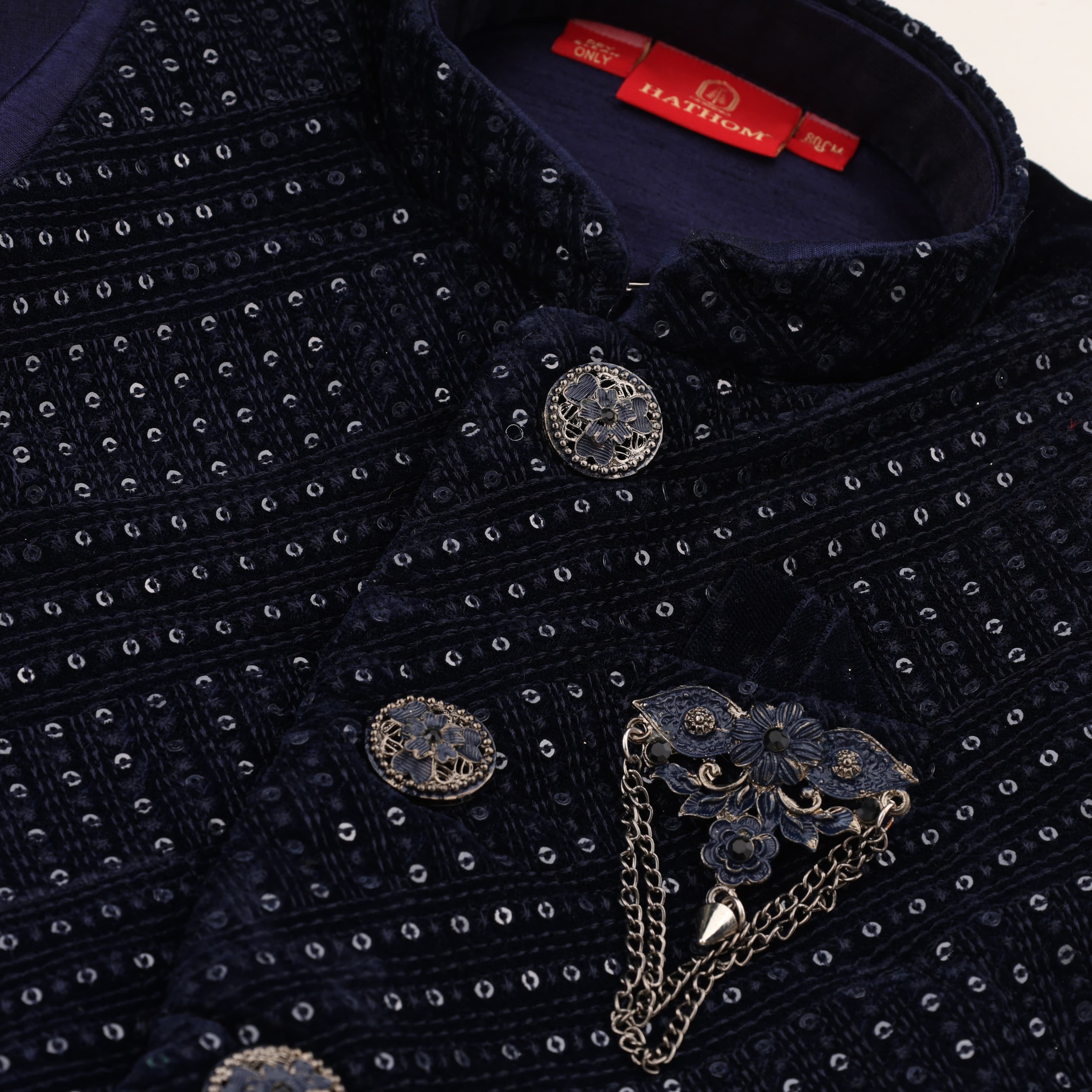 Hathom Navy Blue Cotton Kurta Pyjama & Jacket Set for Boys - Formal/Partywear, All Season