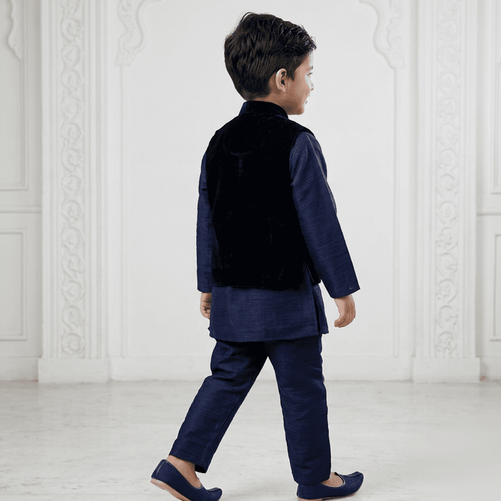 Hathom Navy Blue Cotton Kurta Pyjama & Jacket Set for Boys - Formal/Partywear, All Season