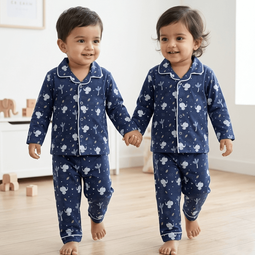 Heroto Unisex Navy Blue Cotton Blend Full Length Pyjama Set with Full Sleeves and Camp Collar for All Season Casual Wear