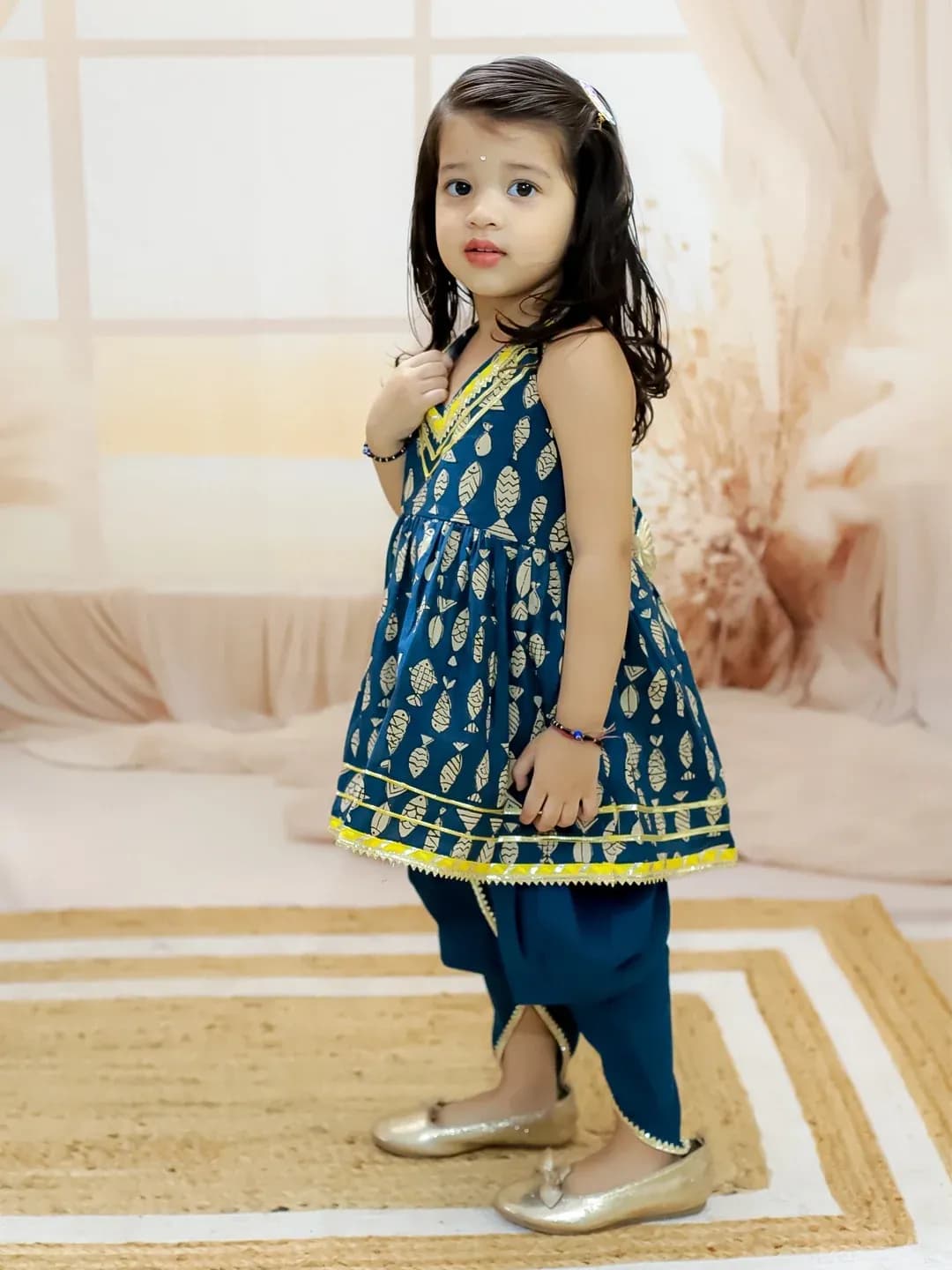 BownBee Navy Blue Cotton Kurti & Salwar/Patiala Set for Girls - Halter Neck, Singlet Sleeve, All Season Formal/Partywear