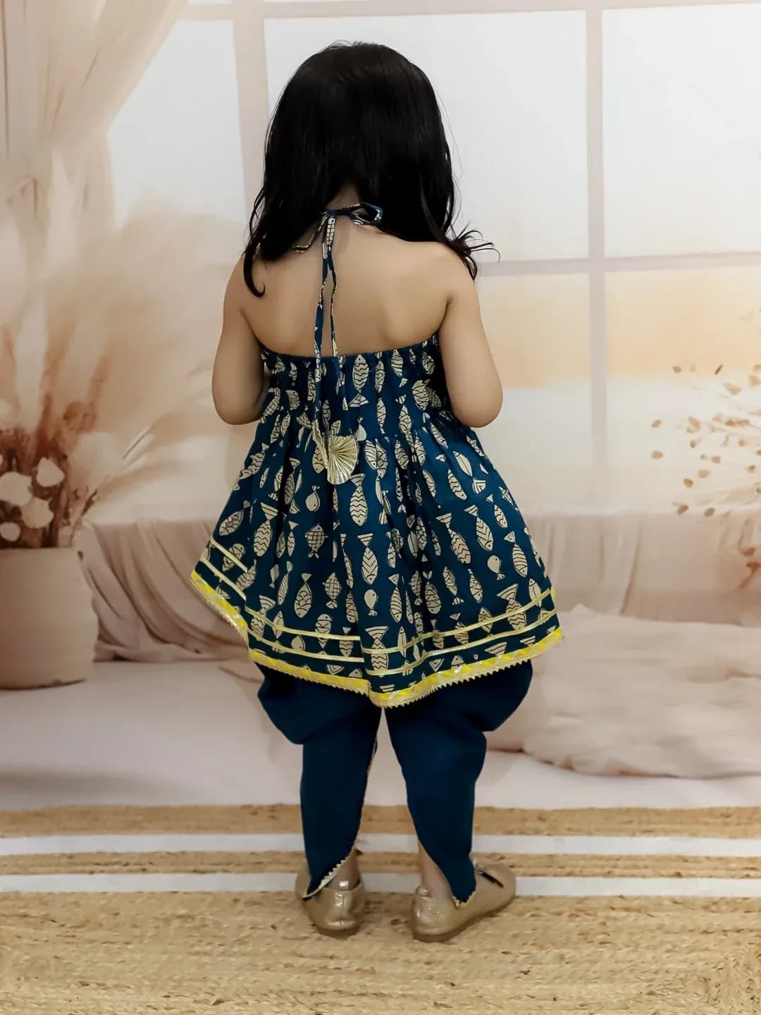 BownBee Navy Blue Cotton Kurti & Salwar/Patiala Set for Girls - Halter Neck, Singlet Sleeve, All Season Formal/Partywear