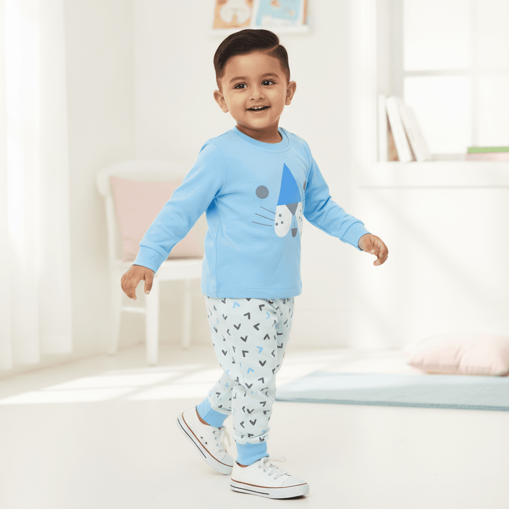 Tinyo Boys Sky Blue Cotton T-Shirt & Joggers Set | Full Sleeves Round Neck | Full Length Joggers | Regular Fit | Casual & Daily Wear