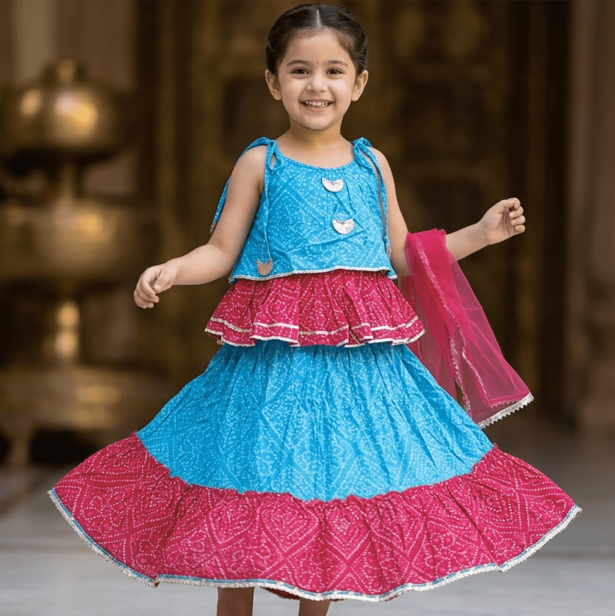 Tiny Threads Girls Light Blue Cotton Lehenga Choli Set | Sleeveless | Square Neck | Shoulder Tie-Up | Full-Length Lehenga | Elasticated Waist | Regular Fit | All-Season Partywear