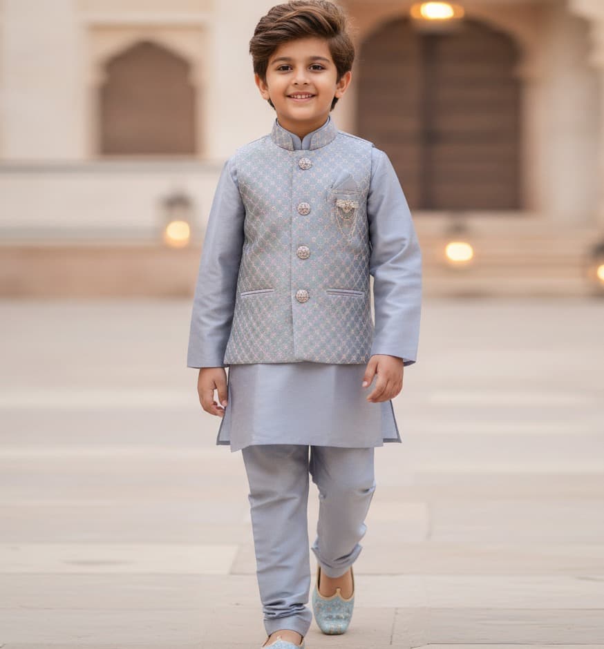Hathom Boys Light Blue Cotton Blend Kurta Pyjama & Jacket Set for Formal/Partywear All Season