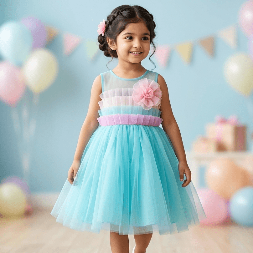 Many Frocks Girls Light Sky Blue Sleeveless Tulle Party Dress with Back Zipper