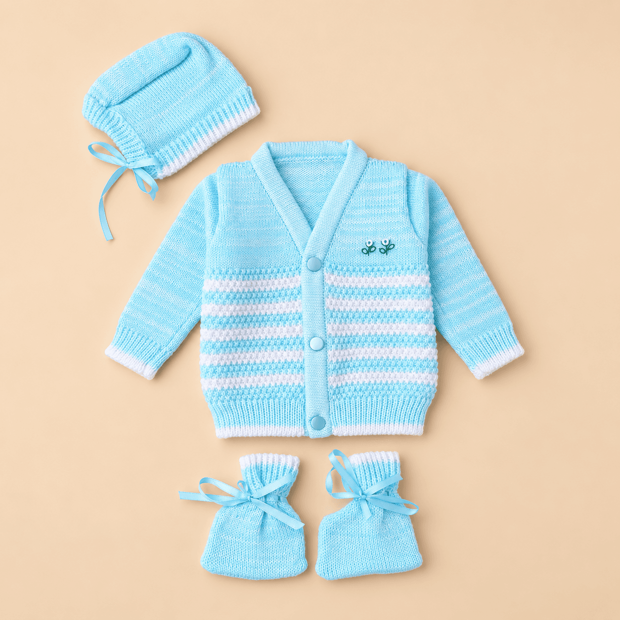 Baby Studio Girls Light Blue Pure Wool V-Neck Front Open Sweater Set, 1 Sweater, 1 Pair Booties & 1 Cap