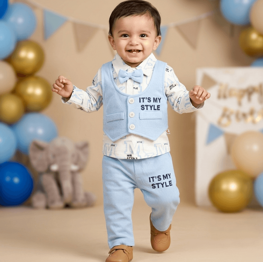 Moonkids Boys Light/Sky Blue Cotton Party Suit Set with Full Sleeves and Trousers
