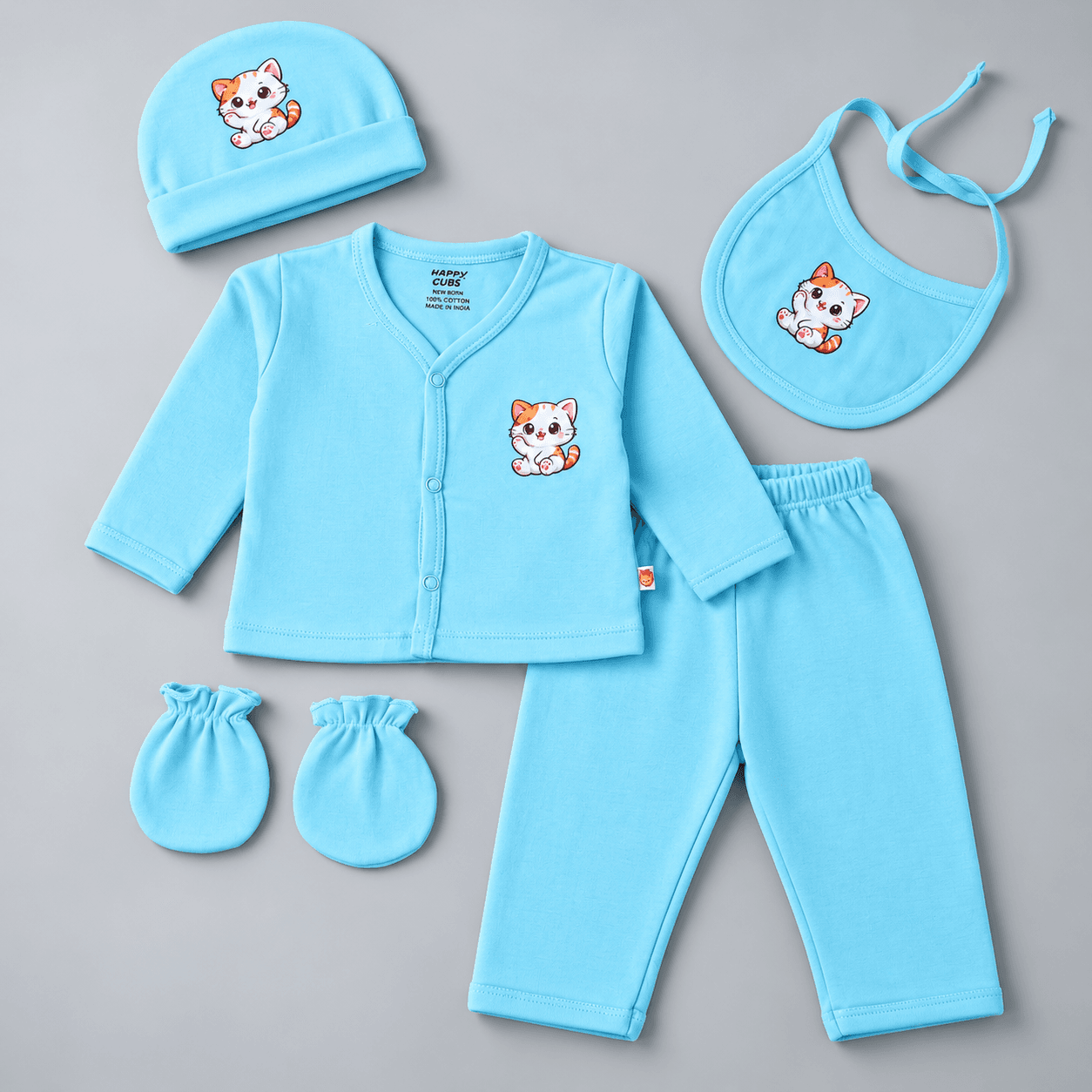 HAPPY CUBS Unisex Sky Blue Cotton Apparel Gift Set – Full Sleeve Round Neck Jhabla & Full-Length Trousers/Pants