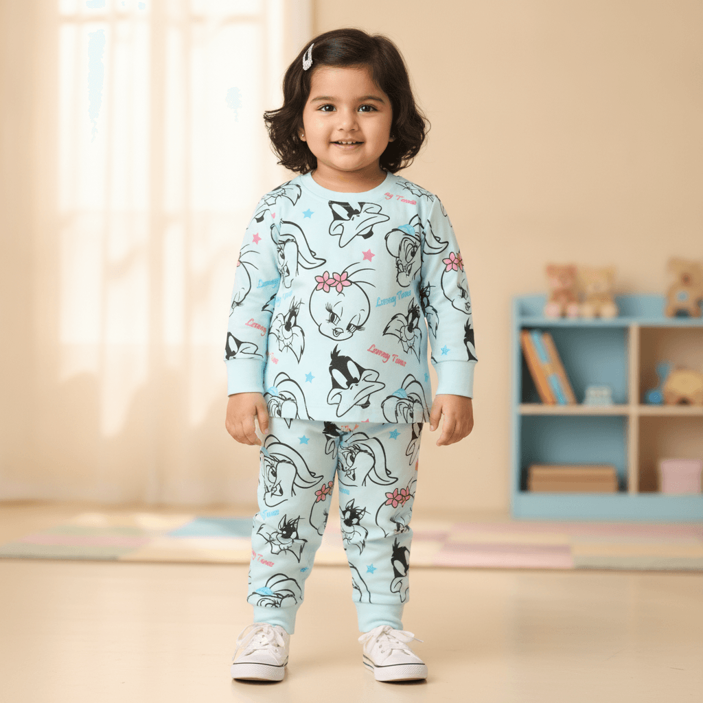 Tinyo Girls Casual T-shirt & Joggers Set with Looney Tunes Print in Light Sky Blue