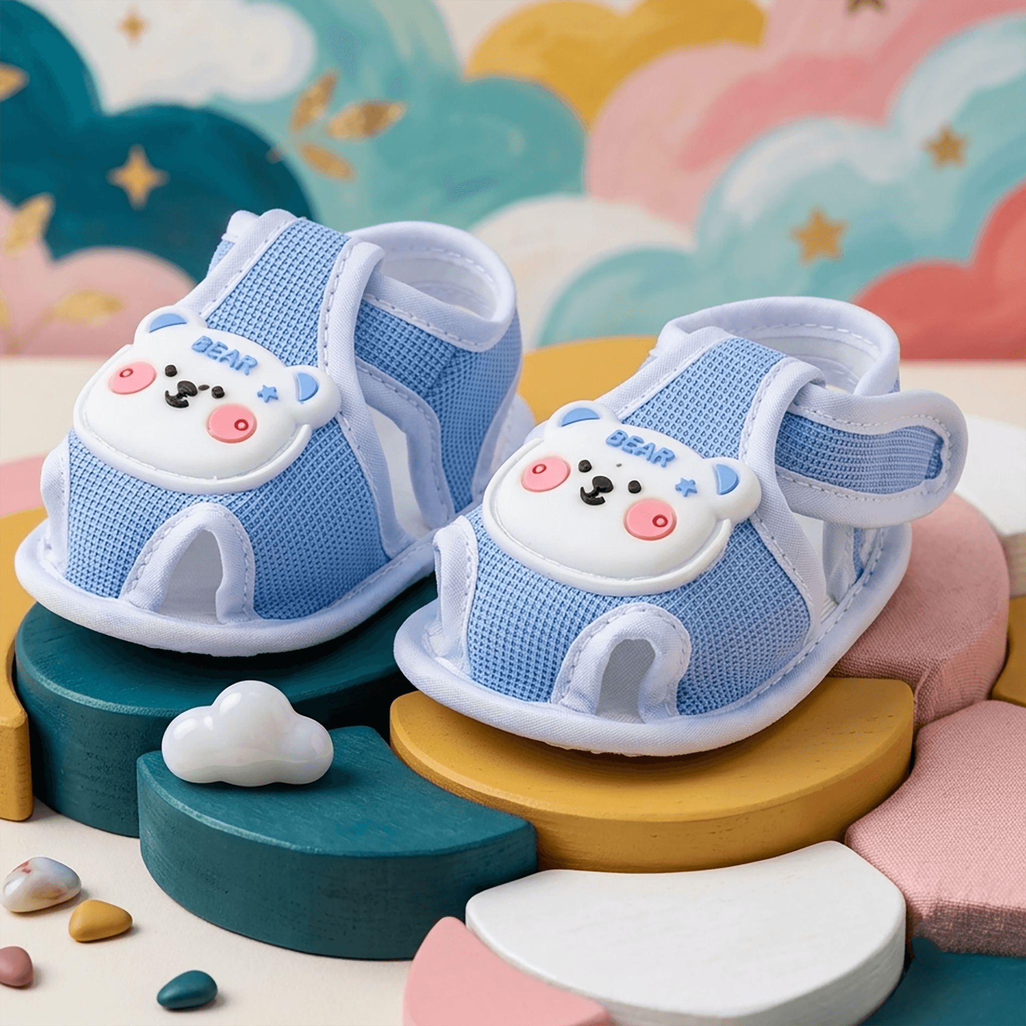 Baby Booties Unisex Light/Sky Blue with Applique – Soft & Comfortable Footwear for Daily & Outdoor Wear