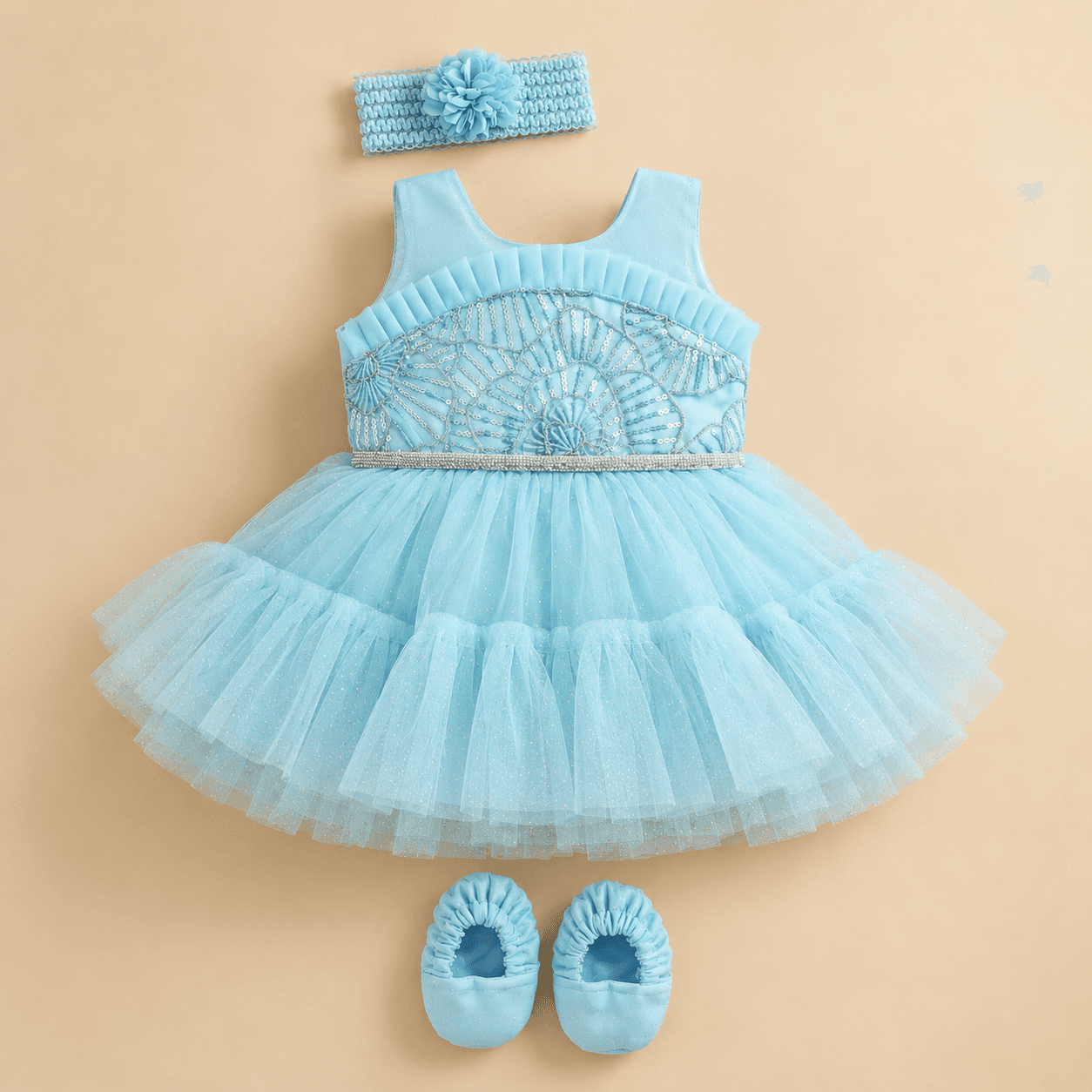 SM Baby Girls' Light Blue Tulle Party Dress with Sleeveless Design and Back Zipper