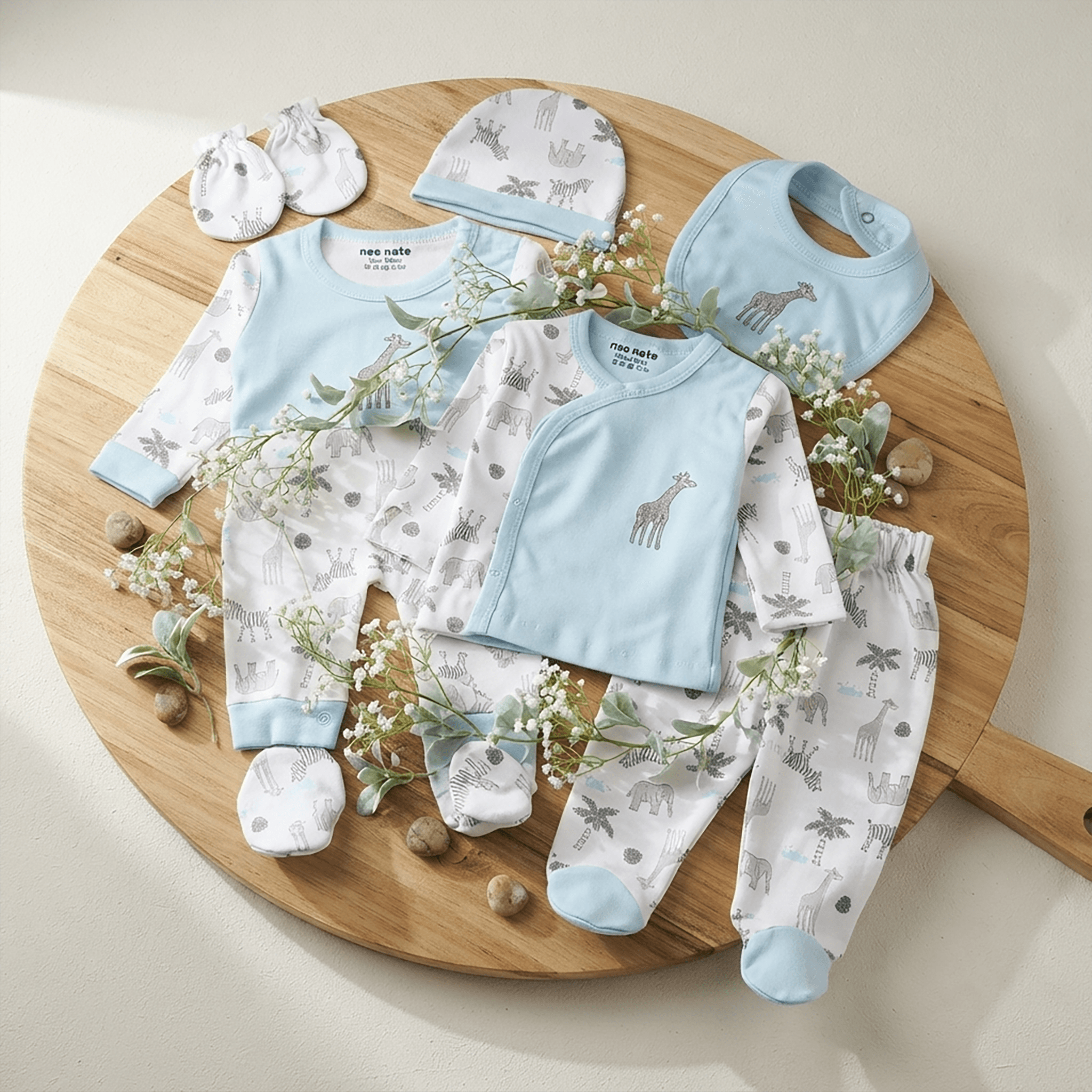 Neo Nate Unisex Sky Blue Cotton Blend Full-Length Romper Gift Set – Full Sleeve Round Neck